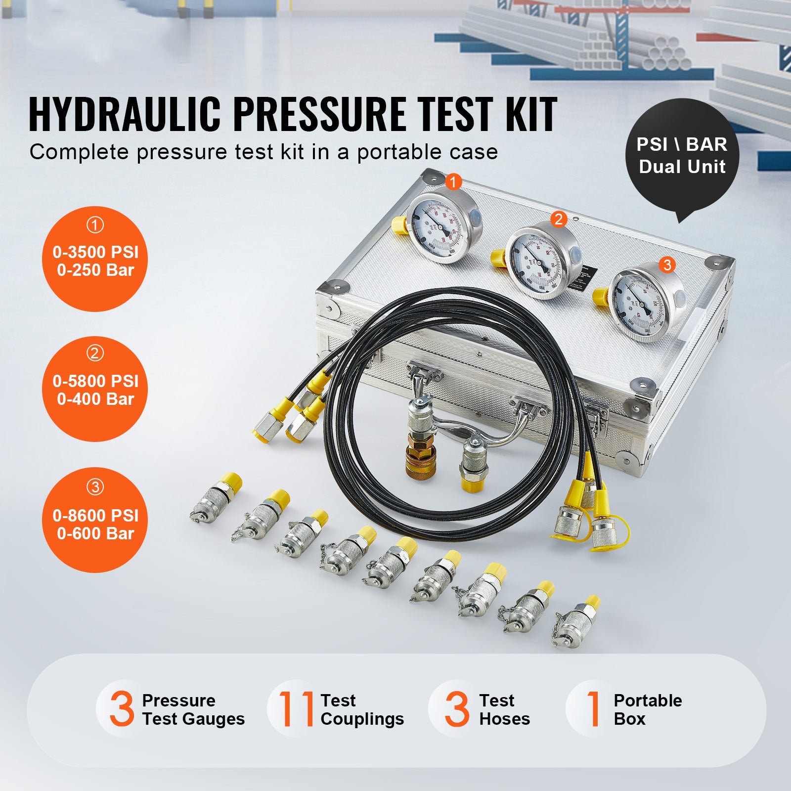 Kit Test Pression Hydraulique VEVOR - 3 Manomètres 250-600 Bars - 11 Raccords - Pour Excavatrices