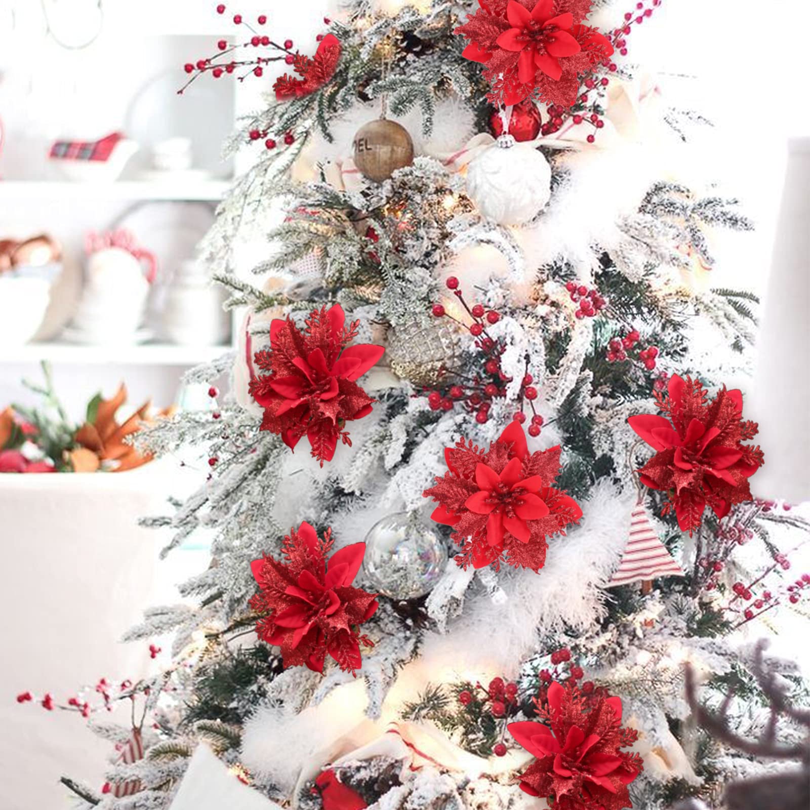 20 pièces fleurs de noël artificielles avec clips, décorations de noël, guirlande d'arbre de noël scintillante pendentifs de fleurs artificielles - 3