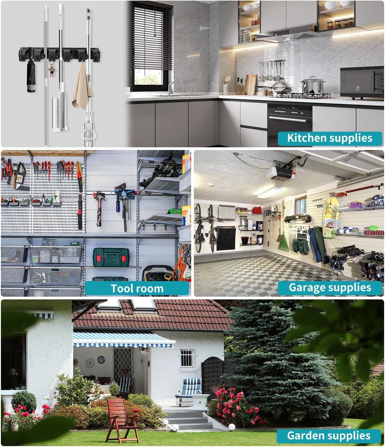 2 Pièces Accroche Balai Mural,Porte-Balais Muraux avec 10 Emplacements et 12 Crochets – Support Mural pour Balais, Outils de Jardin et Garage - 4