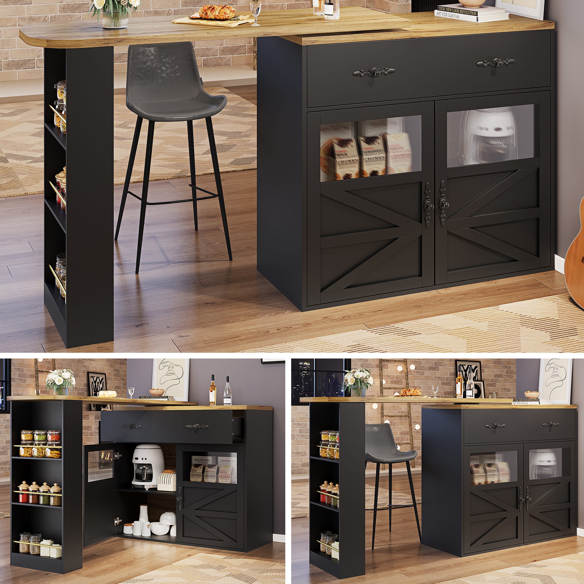 Table de bar extensible avec espace de rangement (138-204×39×104 cm ...