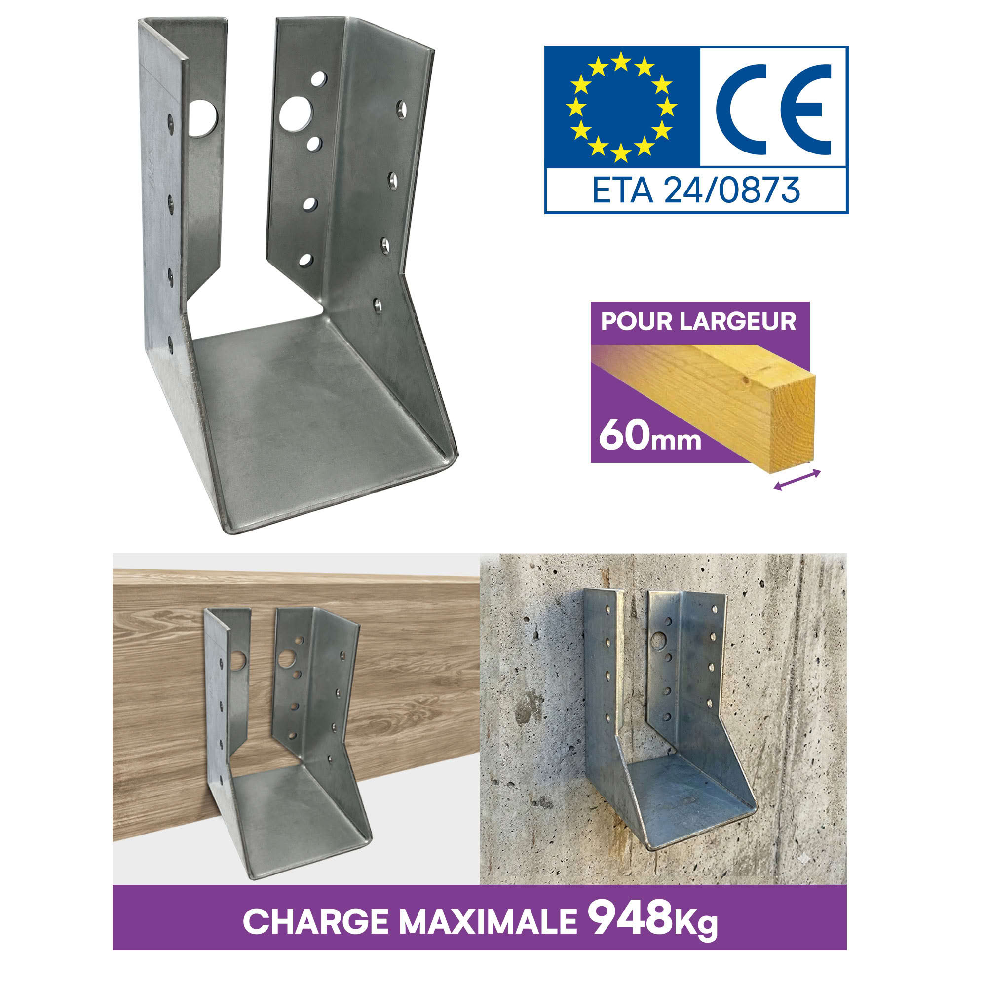 10 sabots de charpente à ailes intérieures - Larg 60 x Ht 100 mm - Connecteurs de poutres - Acier galvanisé - Fabriqué en Europe - 4