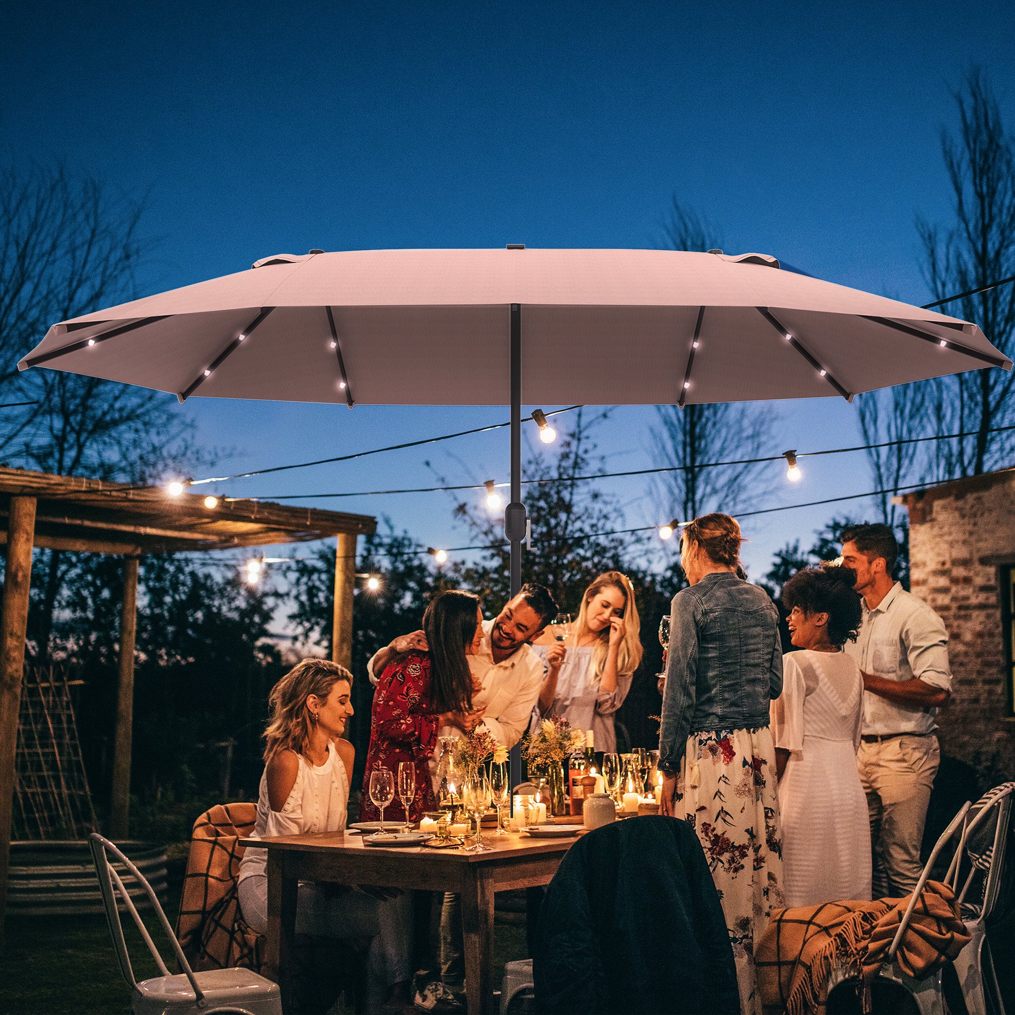 Parasol avec LED double parasol 440 x 260 cm parasol de jardin parasol de terrasse grand ovale avec manivelle et structure en métal en kaki - 2