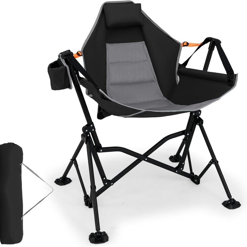 Krzesło kempingowe, składane krzesło z regulowanym oparciem, zagłówkiem i uchwytem na napoje, krzesło składane, nośność 150 kg (czarne)