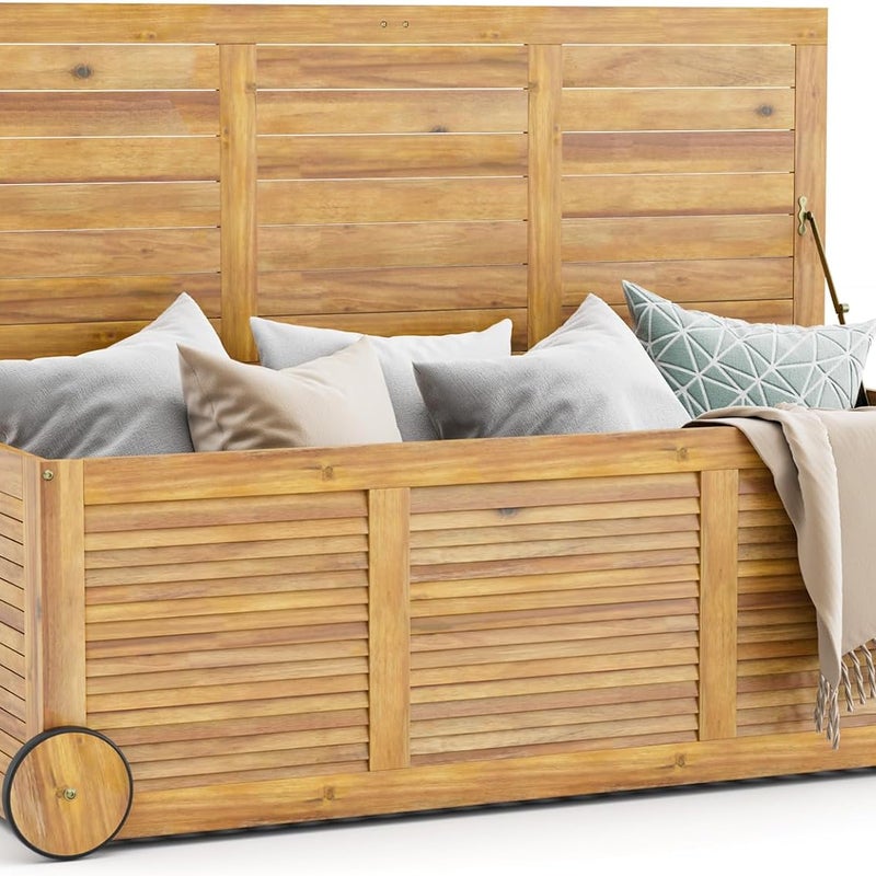 Drewniana skrzynia ogrodowa z rolkami, z wodoodporną pokrywą 2 w 1 i uchwytem, skrzynia na poduszki, skrzynia ogrodowa do ogrodu,127 x 50 x 45 cm