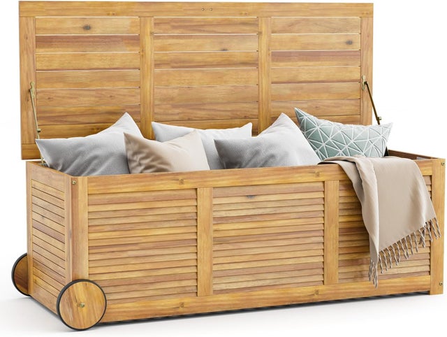 Drewniana skrzynia ogrodowa z rolkami, z wodoodporną pokrywą 2 w 1 i uchwytem, skrzynia na poduszki, skrzynia ogrodowa do ogrodu,127 x 50 x 45 cm