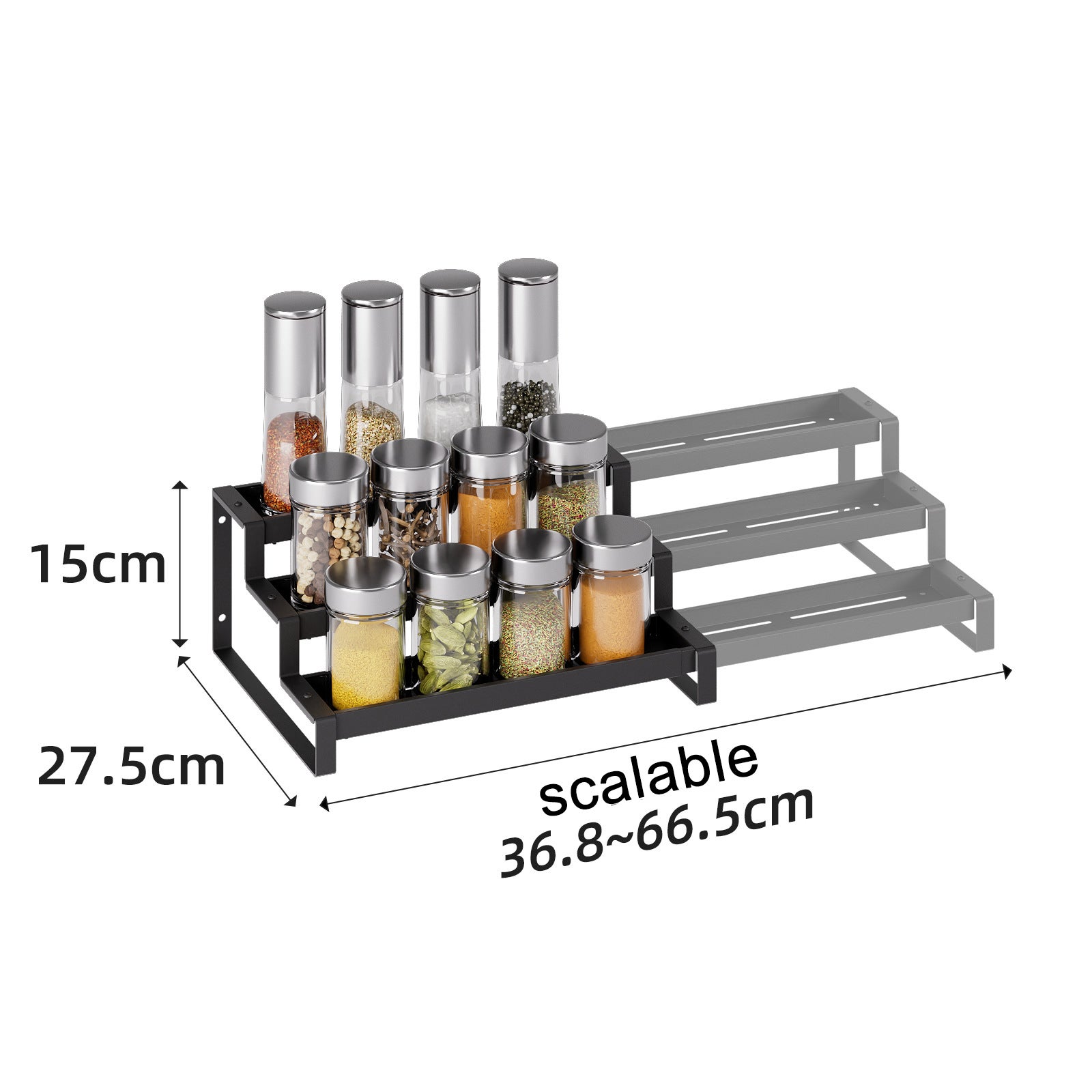 Porta spezie a 3 livelli per mobile da cucina, ripiano espandibile per spezie da 36,8-66,5 cm, organizer per condimenti, ripiano espositivo in metallo - 5