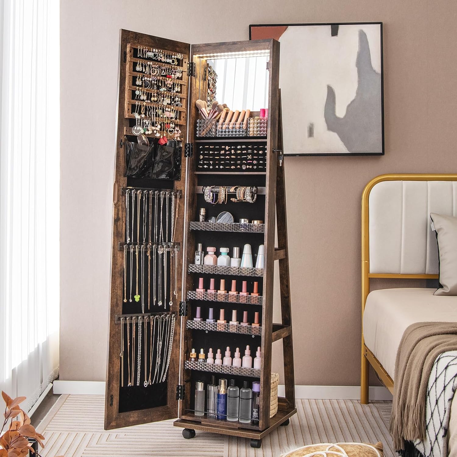 Armoire à Bijoux sur Pieds Mobile avec Miroir Psyché sans Cadre, Lumières LED et Miroir de Maquillage Intégré, Verrouillable, Café - 9
