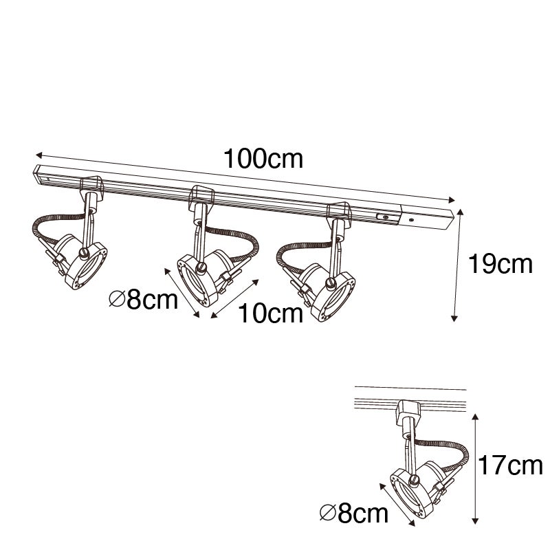 Système de rail luminaire plafond compatible pour led - industriel avec 3 spots monophasés noirs - Suplux - 4