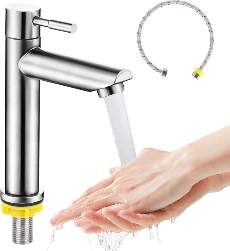 Kran ze stali nierdzewnej do zimnej wody – bateria umywalkowa – bateria jednouchwytowa z przyłączem węża elastycznego o długości 60 cm – do użytku g