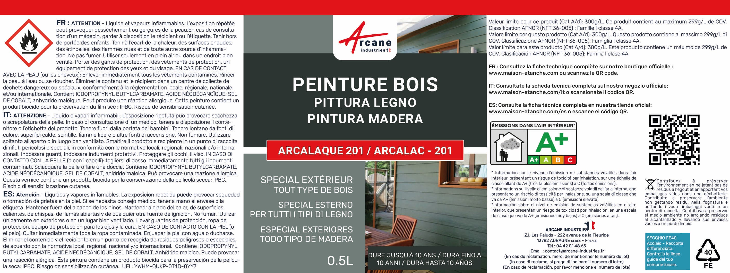 Peinture Bois Extérieur : Portails, bardage, abri, mobilier de jardin : ARCALAQUE 201 Telegris 4 - RAL 7047 - 0.5 L - ARCANE INDUSTRIES - 10