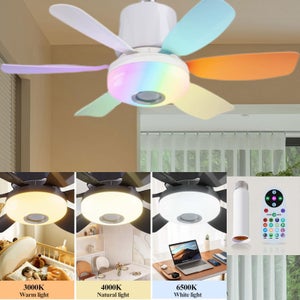 Ventilateur de plafond LED à intensité variable OLAS, 42', 28 W + 24 W, blanc et bois