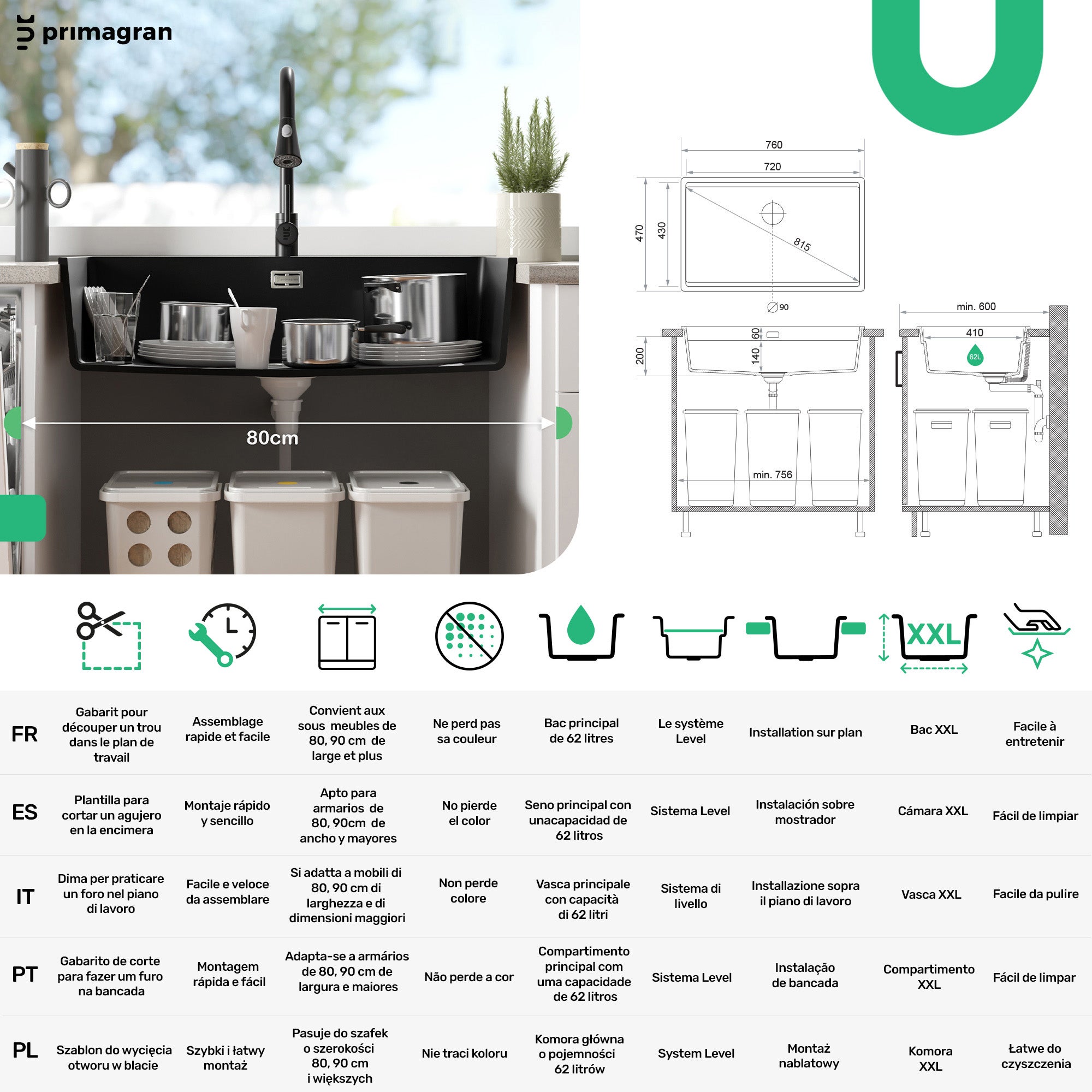 Lavandino da Cucina Nero 76x47cm, Lavello in Granito a 1 vasca + Sifone Classico + Accessori, Lavabo da Cucina Incasso al mobile 80cm PRIMAGRAN - 6