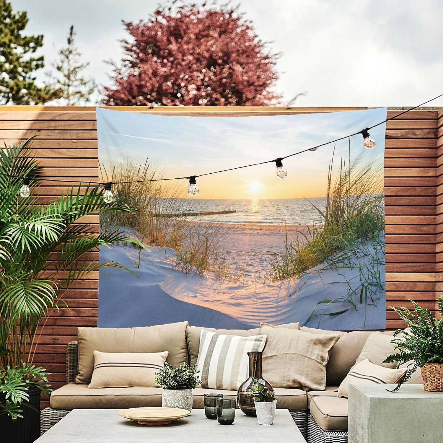 Tapisserie Murale Nature Tenture Murale Coucher de soleil sur la mer Couverture Murales Paysage d'été Tapisseries Decoration Murales pour Maison Salon - 4