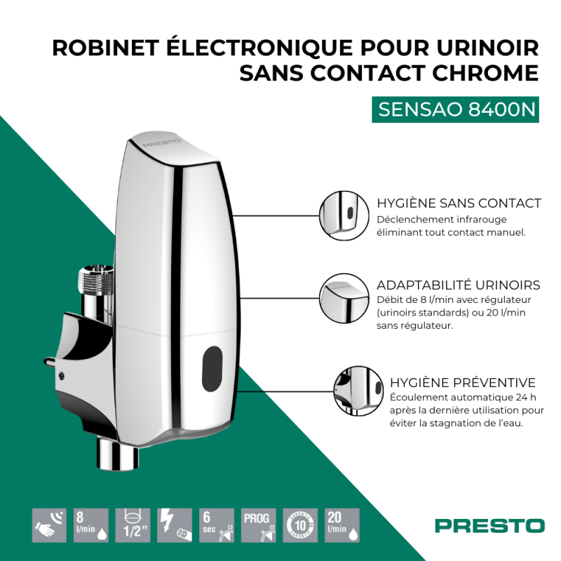 Robinet électronique pour urinoir sans contact PRESTO Sensao 8400N chrome - 3