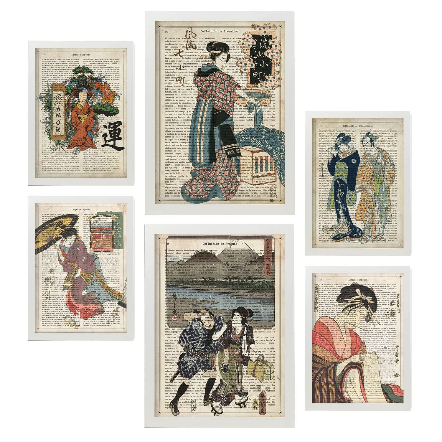 Nacnic posters de posters de japón ilustraciones estilo enciclopedia vintage con geishas japonesas en ukiyo-e para la a4 & a3 marcos blancos