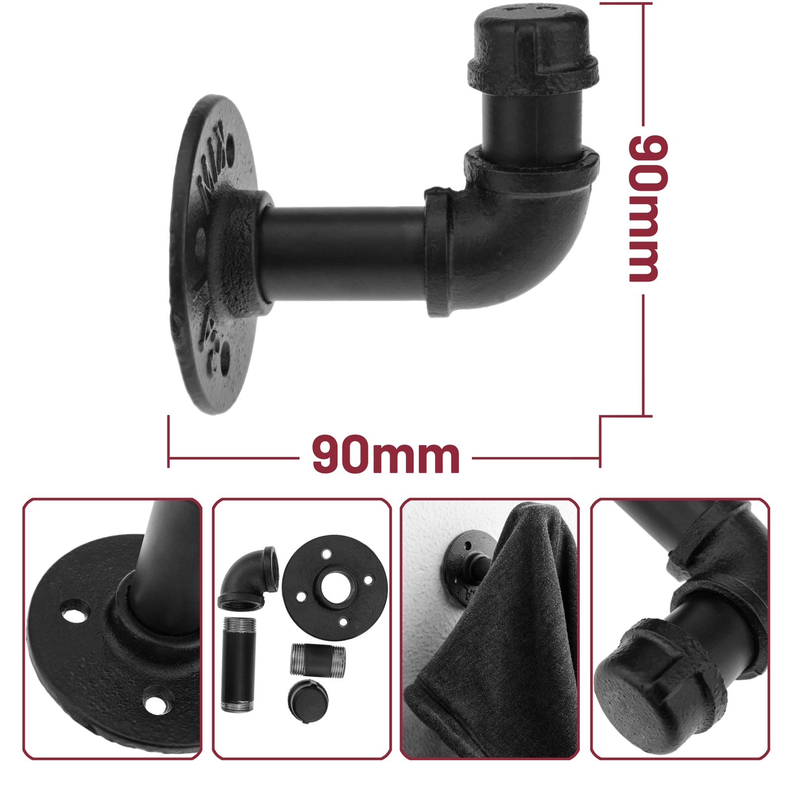 Appendiabiti industriale nero con 1 gancio da parete - 4