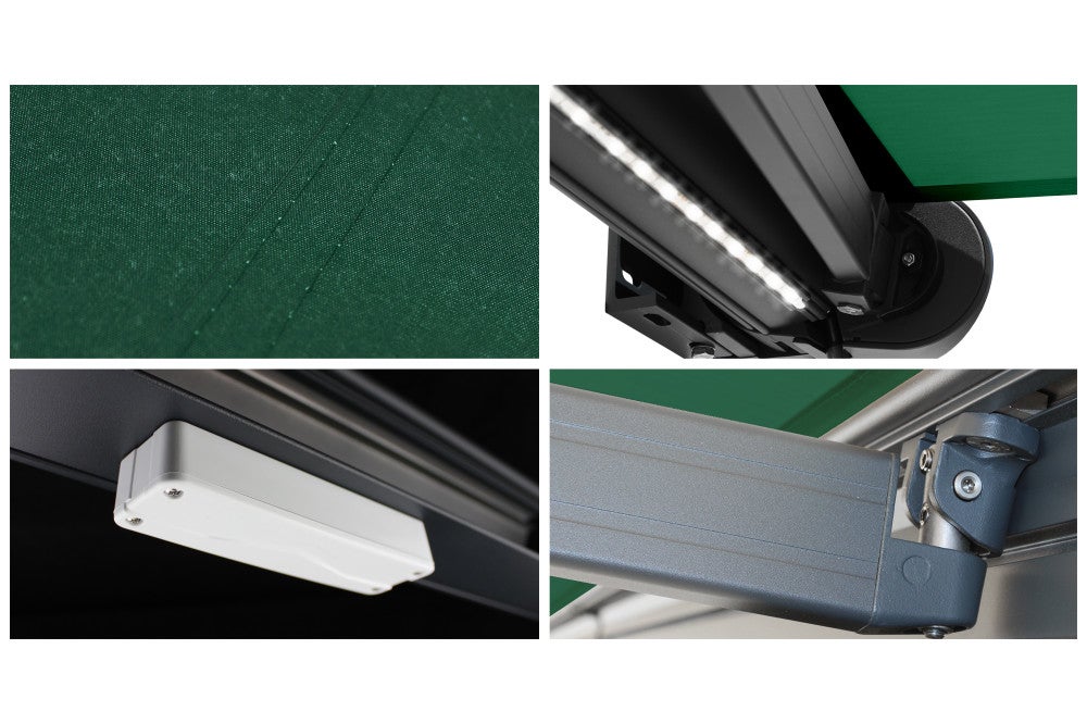 Store banne Coffre intégral PROTECT 2 SMART LED Gris Anthracite 4,05x3,50m Motorisé à télécommande + Capteur Vent + Eclairage LED - Toile Vert - 5