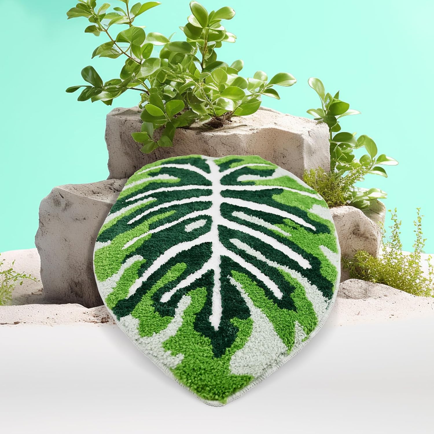 Bardzo miękka mata łazienkowa 40*60 cm, zielona, antypoślizgowa, nadająca się do prania w pralce, pikowana w 3D, z uroczym wzorem liści, trwała i supe
