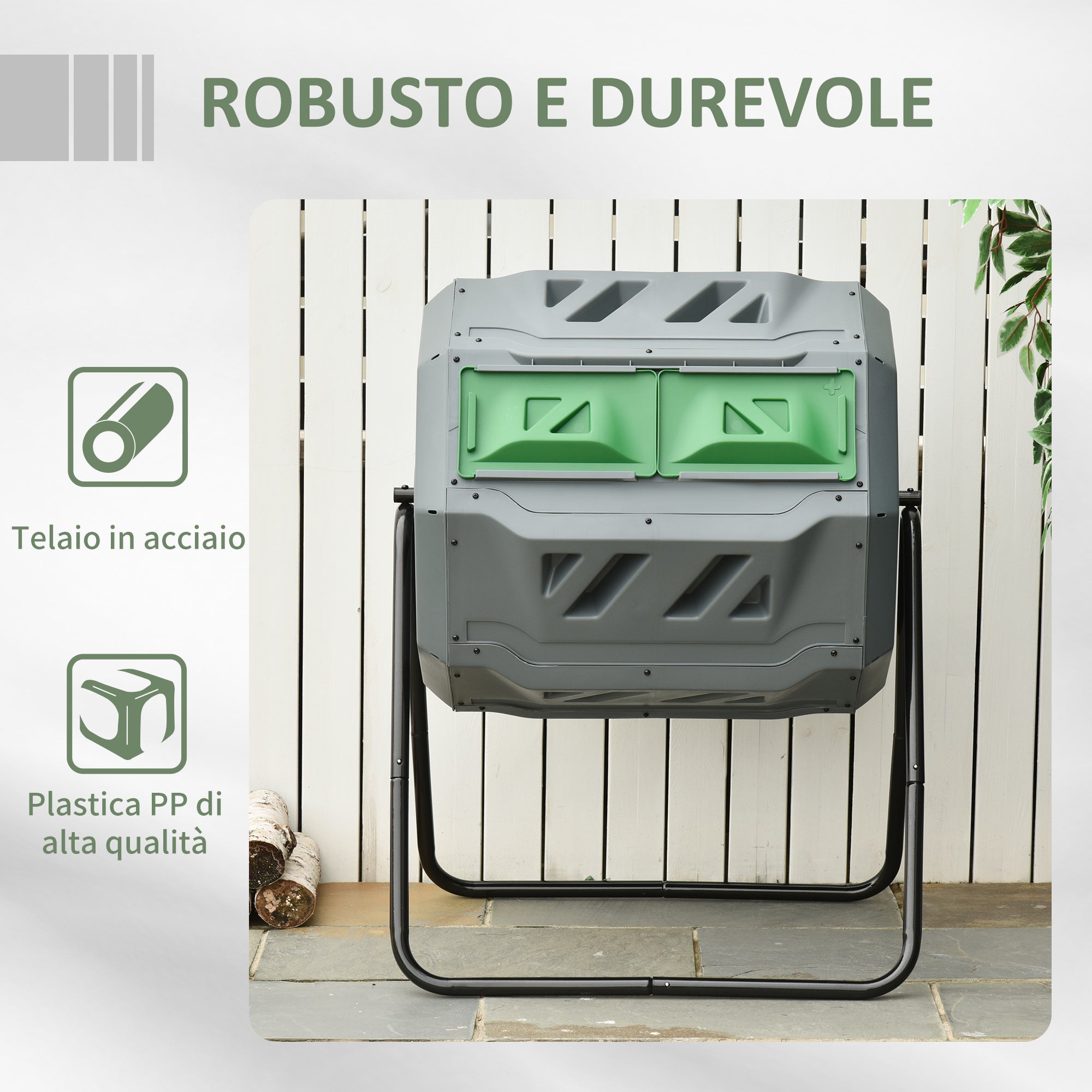 Outsunny Compostiera da Giardino Girevole a 2 Sezioni con 8 Prese d'Aria, in Acciaio e PP, 71x65x96 cm, Grigio - 7