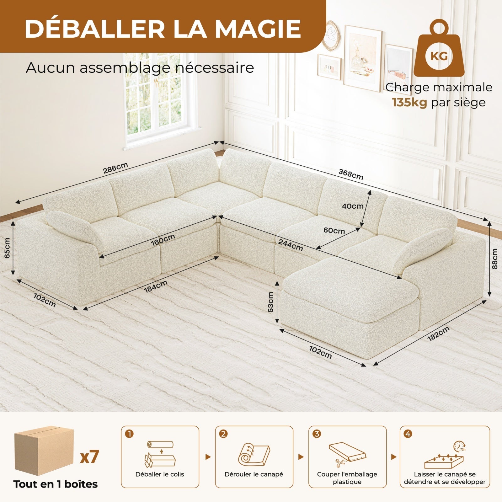 Canapé d'angle Panoramique Modulaire 7 Places en Chenille pour Salon/Bureau,Repose-pieds Amovible ,Beige - 6