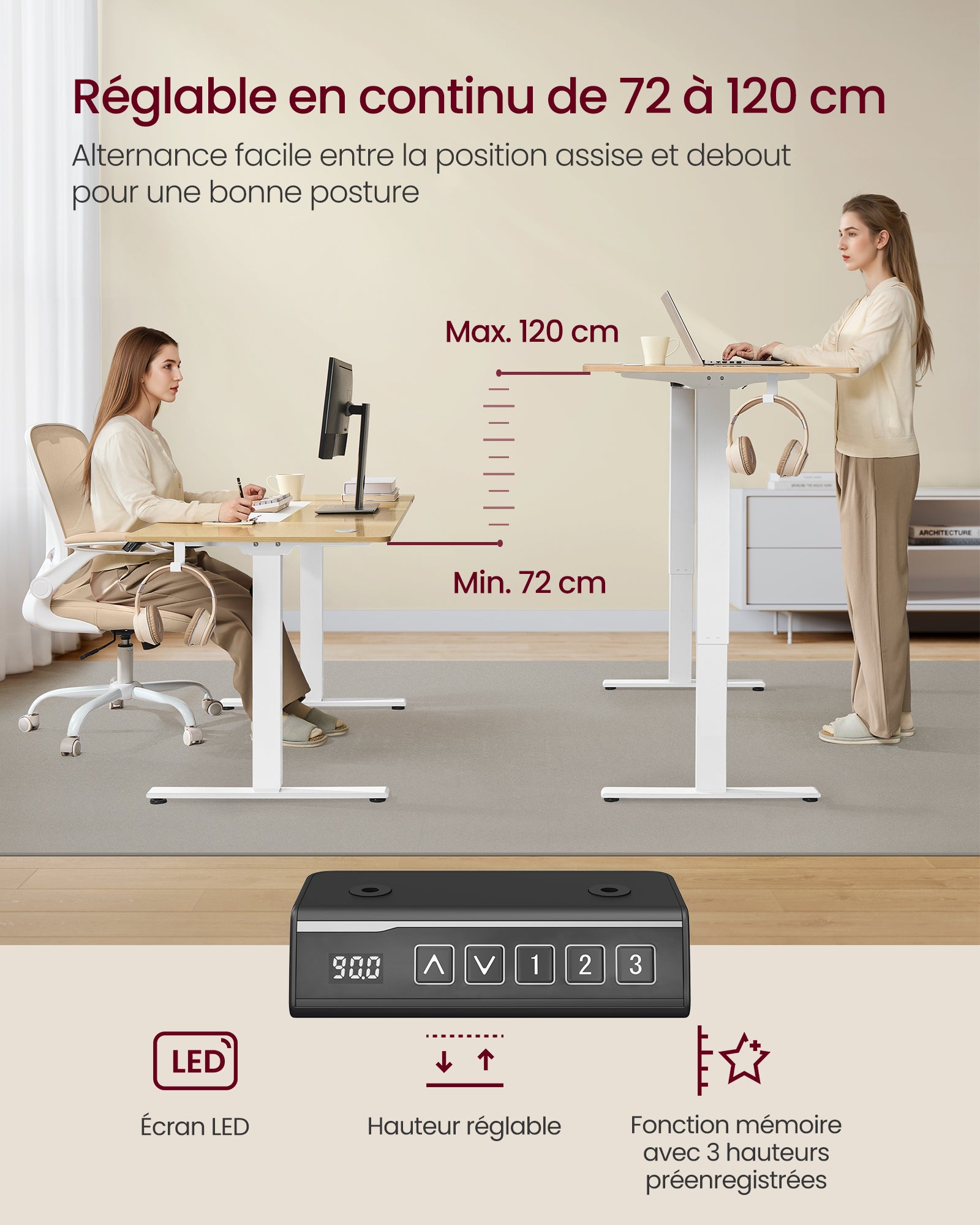 Bureau Électrique Réglable en Hauteur, Cadre de Bureau Assis-debout, avec 2 Crochets, Fonction Mémoire 3 Hauteurs, Acier, Blanc Mat - 4