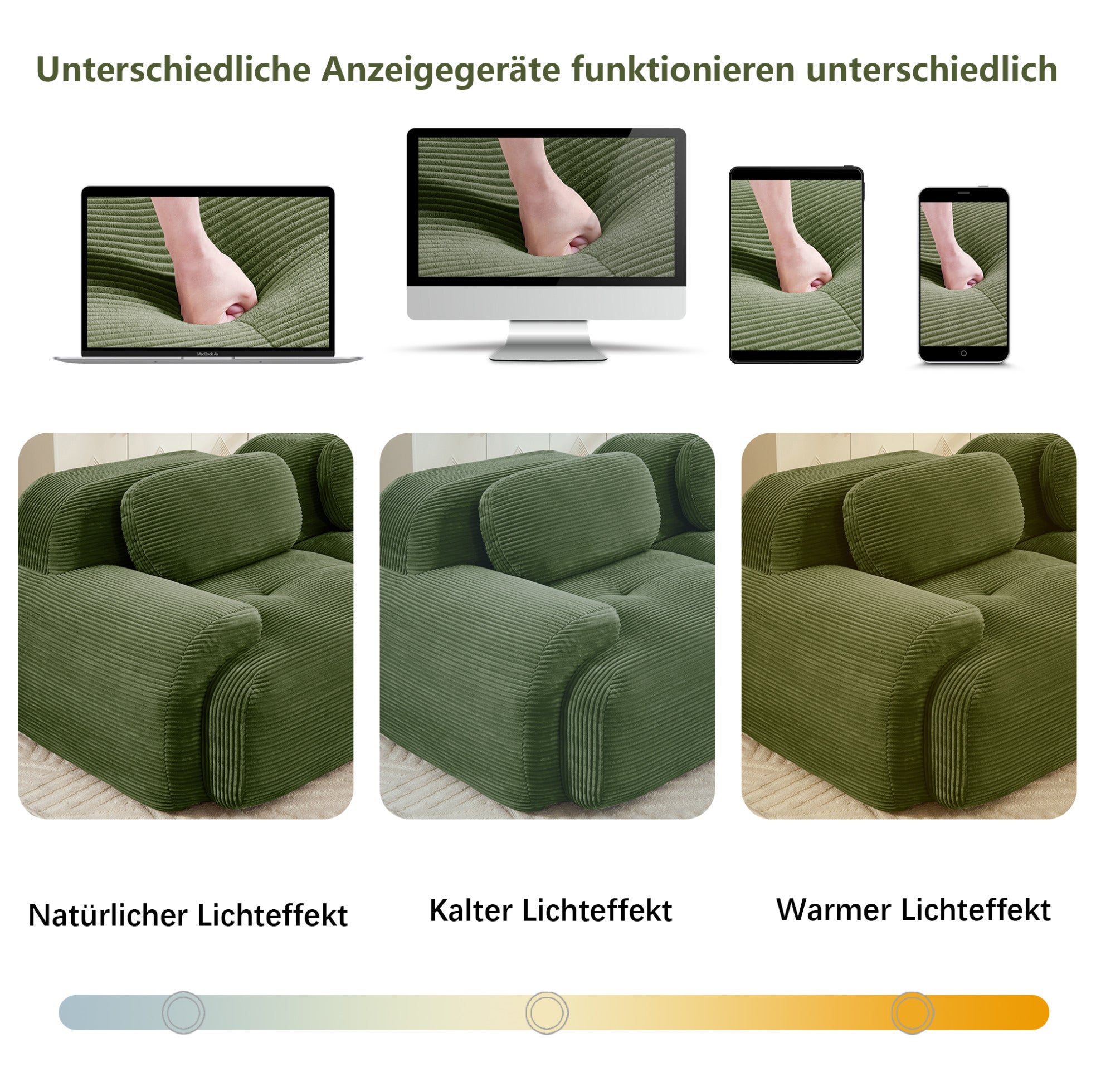 Canapé d'angle modulable 3 places sans montage, sans cadre, en tissu côtelé vert, ergonomique, 298 × 178 × 70 cm - 4