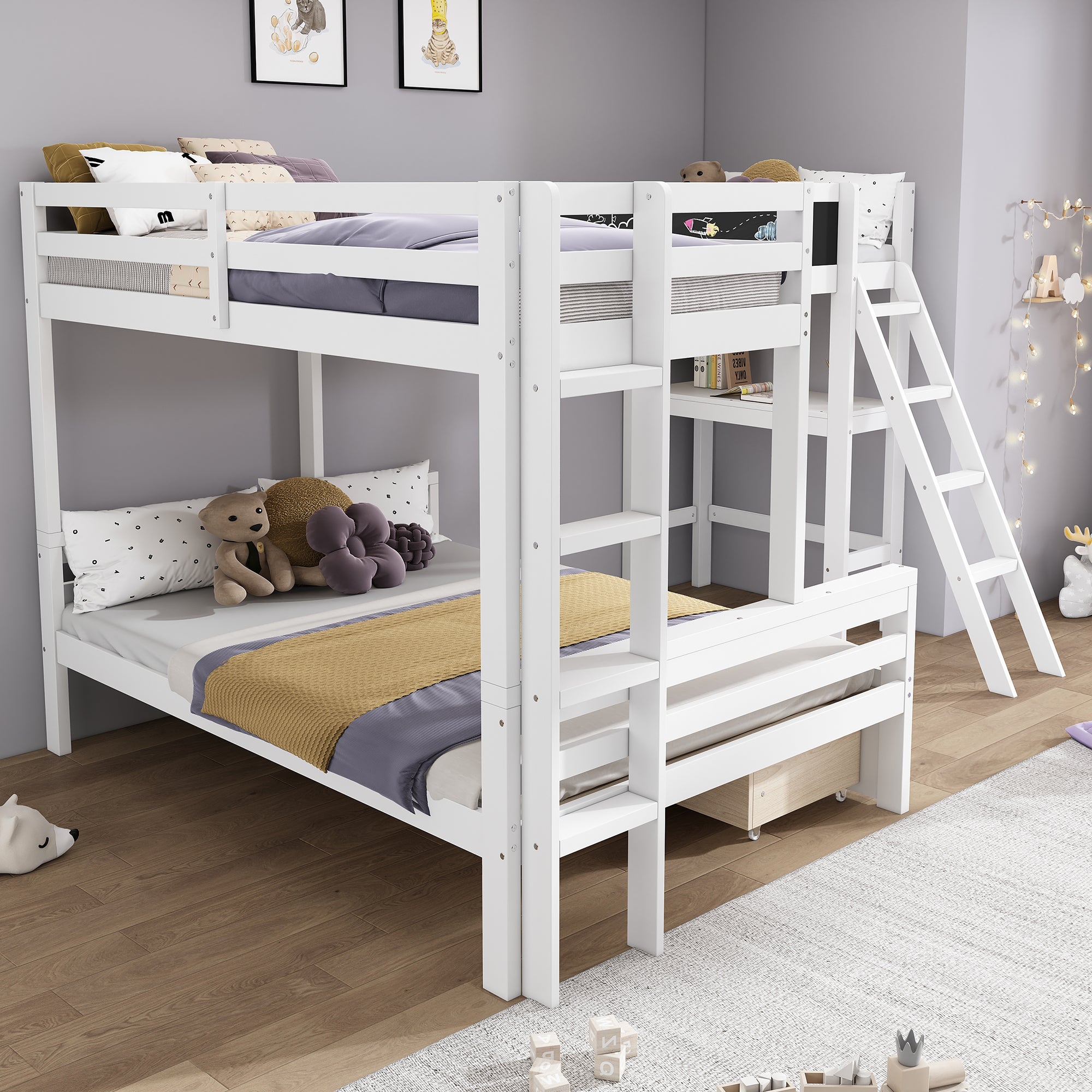 Lit superposé 2x90x200cm + 140x200cm en bois - avec un bureau et 2 tiroirs - Blanc - 2