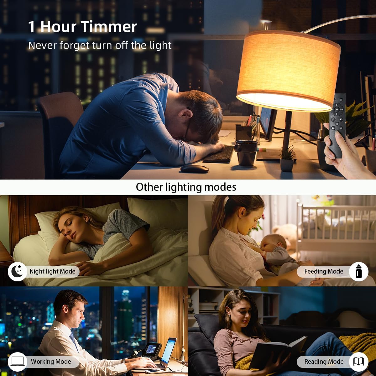 Lampadaire arc avec télécommande, LED E27 dimmable, abat-jour tissu brun 33 cm, style vintage argenté pour salon, chambre, hôtel - 5