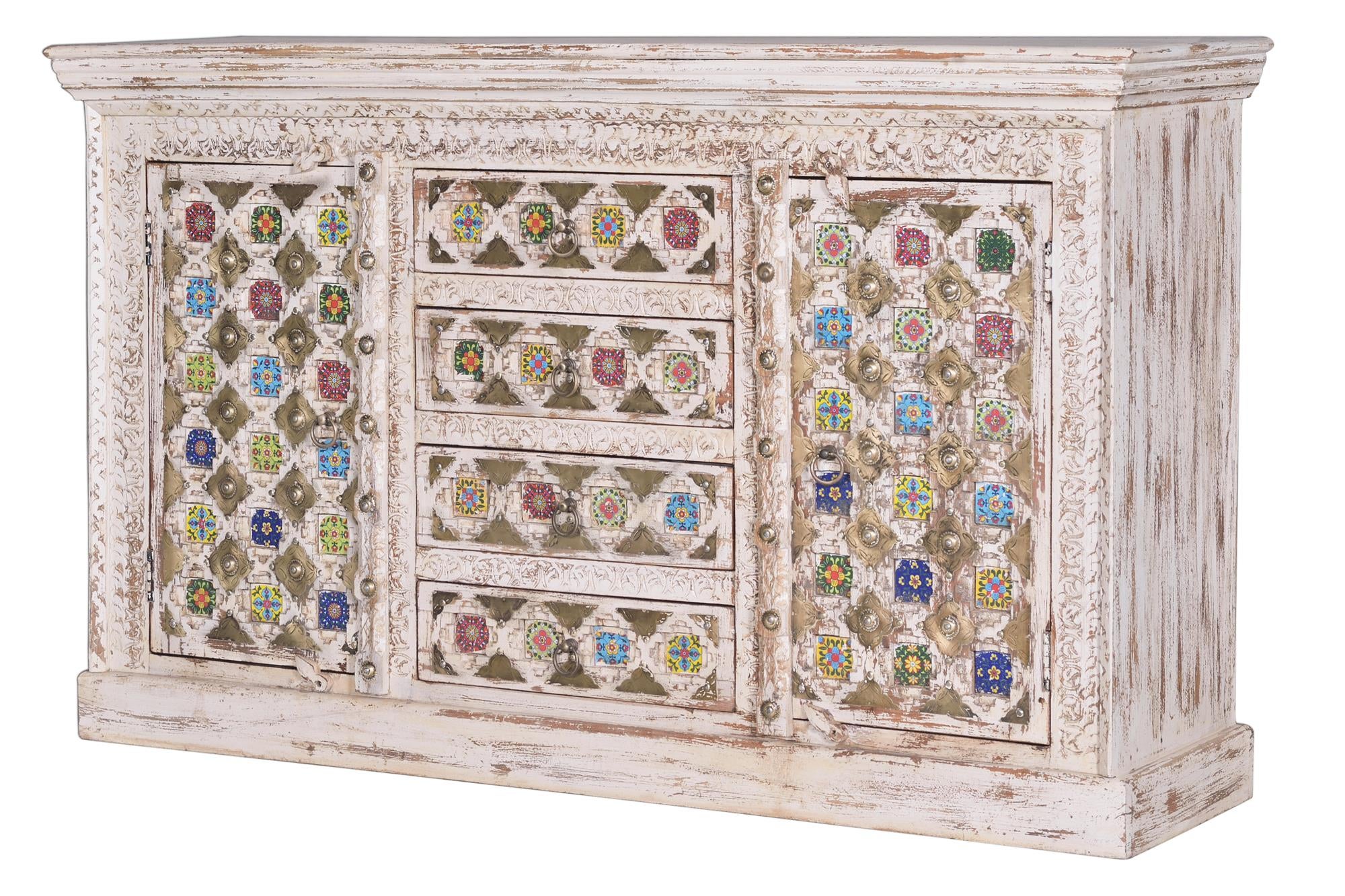 Bufet w drewnie manguier z ceramicznymi detalami