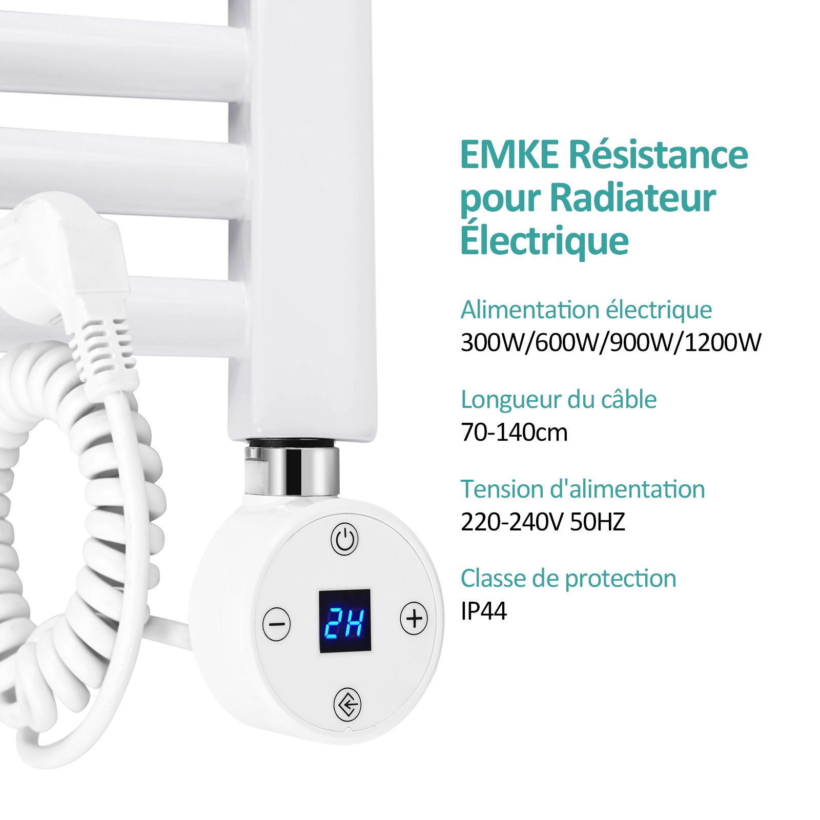 EMKE Eléctrique de la Salle de Bain, Blanc Cartouche de Chauffage avec Régulateur de Température, Résistance pour radiateur avec Chronométrage, Élément Chauffant Electrique 300W