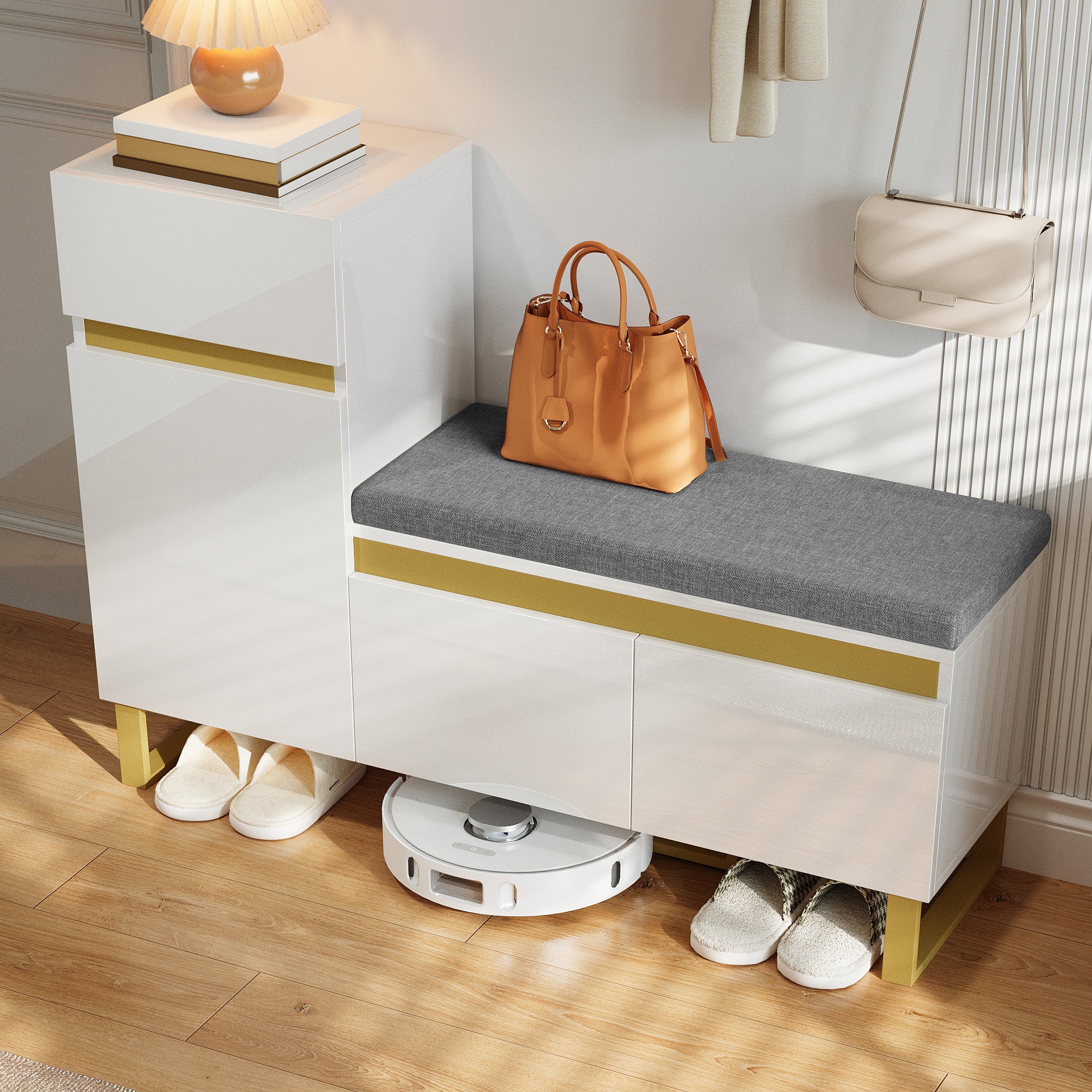 Szafka na buty z ławką, poduszką, 3 drzwiami i 1 szufladą - 120 x 35 x 85 cm - MDF - biała - 9