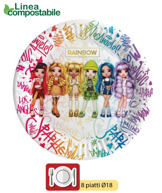 Kit Party Tavola Rainbow High per 8 persone (36 pezzi: 8 piatti 18cm, 8 bicchieri 200ml, 20 tovaglioli 33x33cm) in carta compostabile eco-friendly Kit Party Tavola Rainbow High per 8 persone (36 pezzi: 8 piatti 18cm, 8 bicchieri 200ml, 20 tovaglioli 33x33cm) in carta compostabile eco-friendly