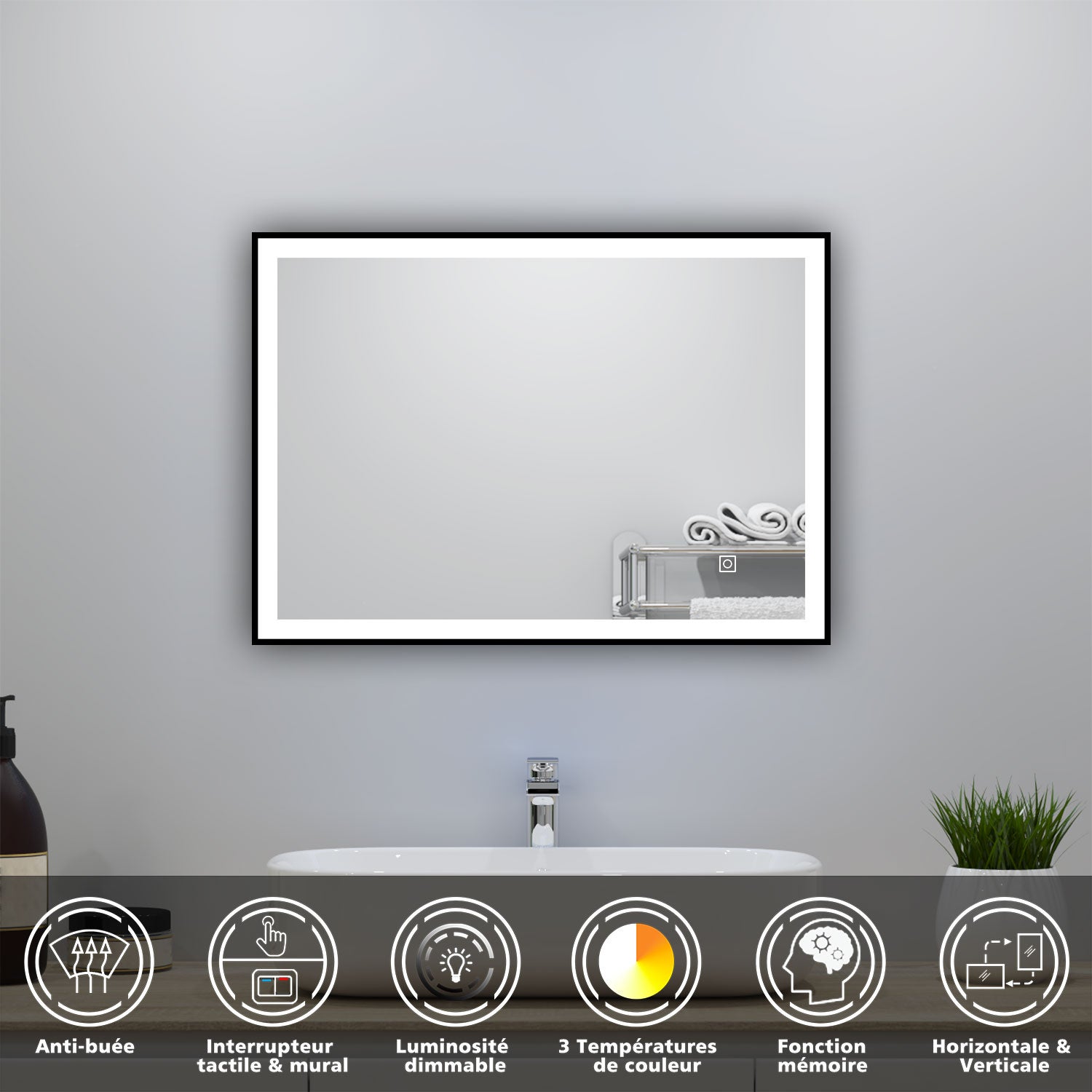 Miroir lumineux 70x50cm avec Anti-buée + 3 Couleurs + Dimmable, LED Miroir salle de bain - 2