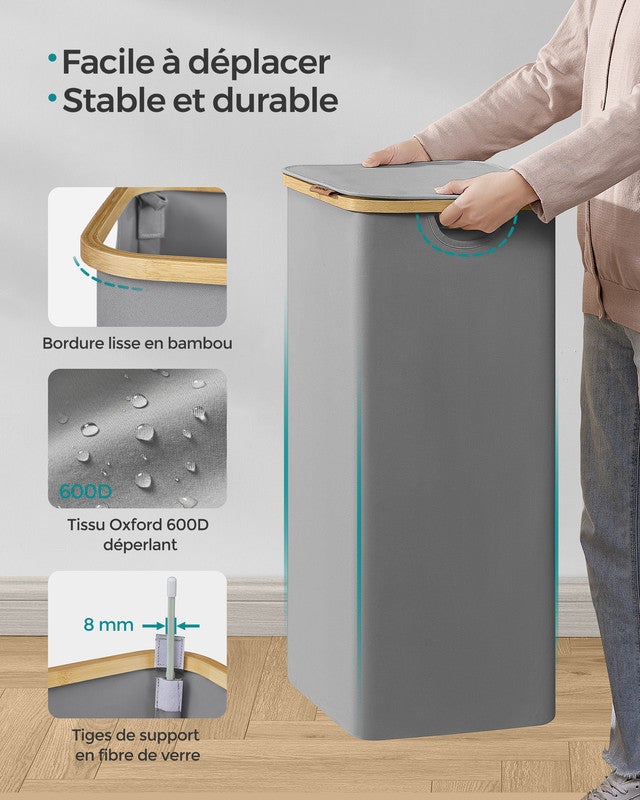 Panier à Linge Mince avec Couvercle, 90L, Doublure en Maille Amovible, Poignées en Bambou, Pliable, 42 x 32 x 70,5 cm, Gris Tourterelle - 7