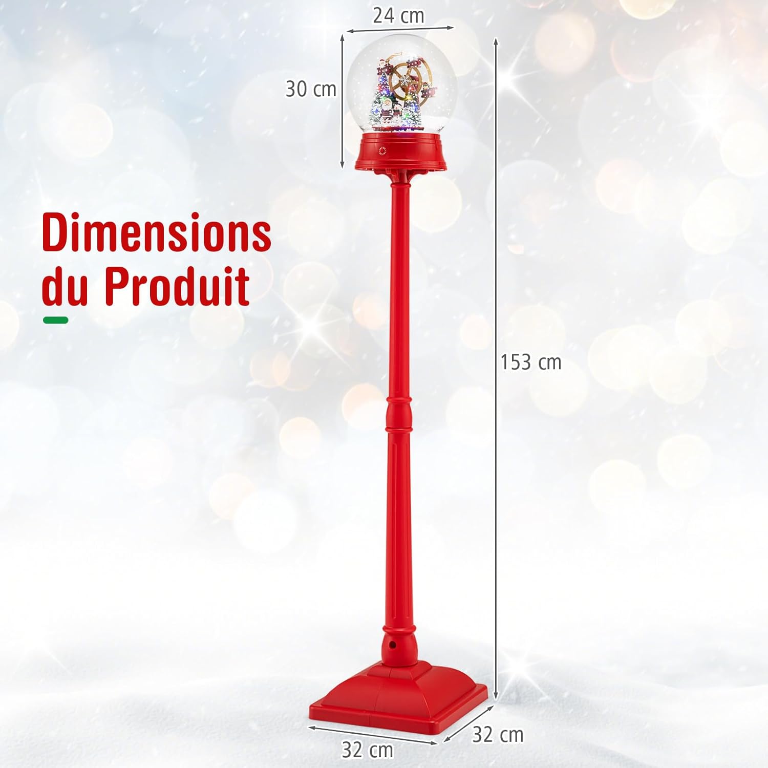 Lámpara de Navidad con Luces LED, Adorn Decoración Exterior con Poste, Globo de Nieve, Farola con 8 Canciones Navideñas y Base Ancho (Noria) - 2