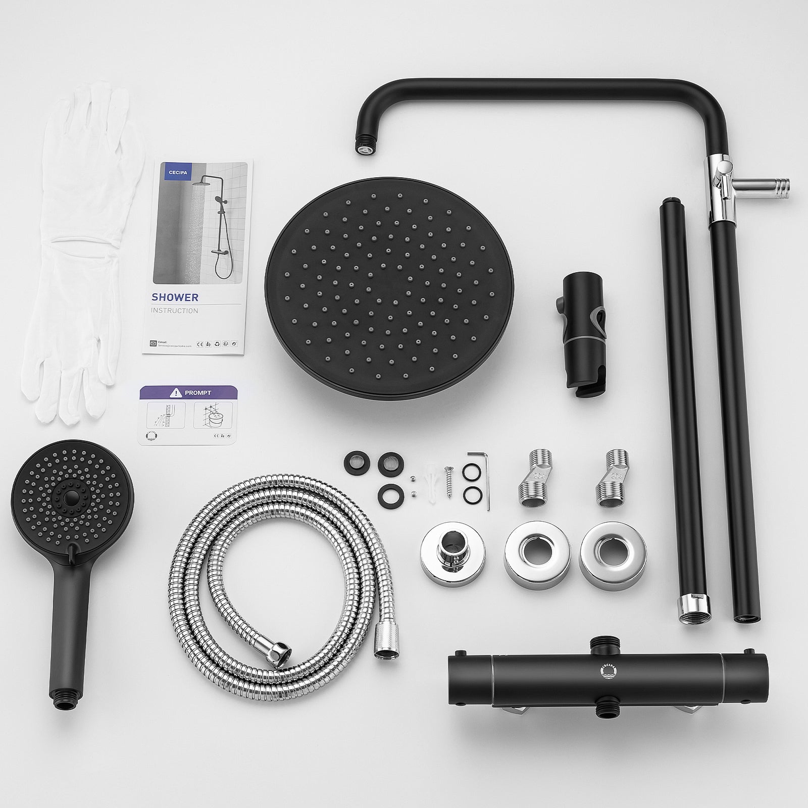 Cecipa max Set de ducha negro termostático con alcachofa de mano de 4 funciones, columna de ducha regulable en altura, modelo UE - 5