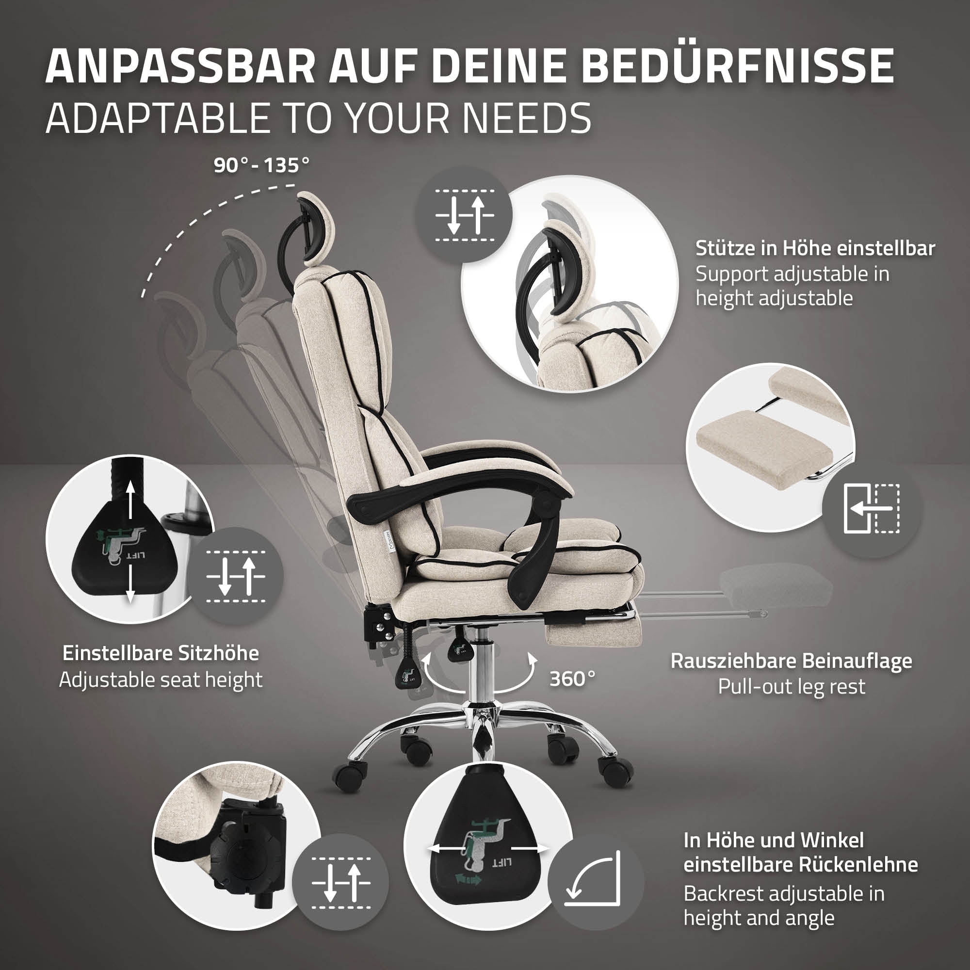 ML-Design chaise de bureau ergonomique, beige, chaise de bureau réglable en hauteur avec dossier haut, chaise pivotante avec repose-pieds - 4