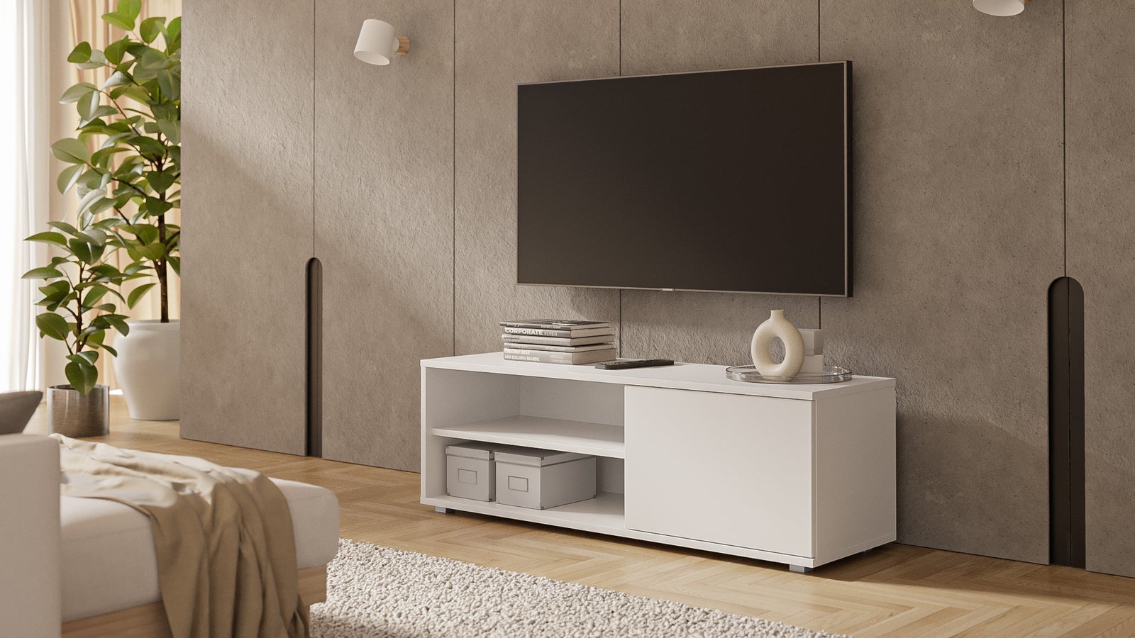 Szafka RTV Biała 110 cm – 2 Otwarte Półki i 1 Drzwiczka – Kompaktowy i Nowoczesny Design