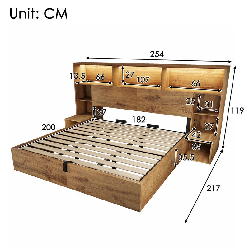 Lit 180x200 avec LED et USB, Lit Coffre 180x200 avec tables de chevet intégrées et hydrauliques, Cadre de lit En bois chêne (Sans Matelas) - 8