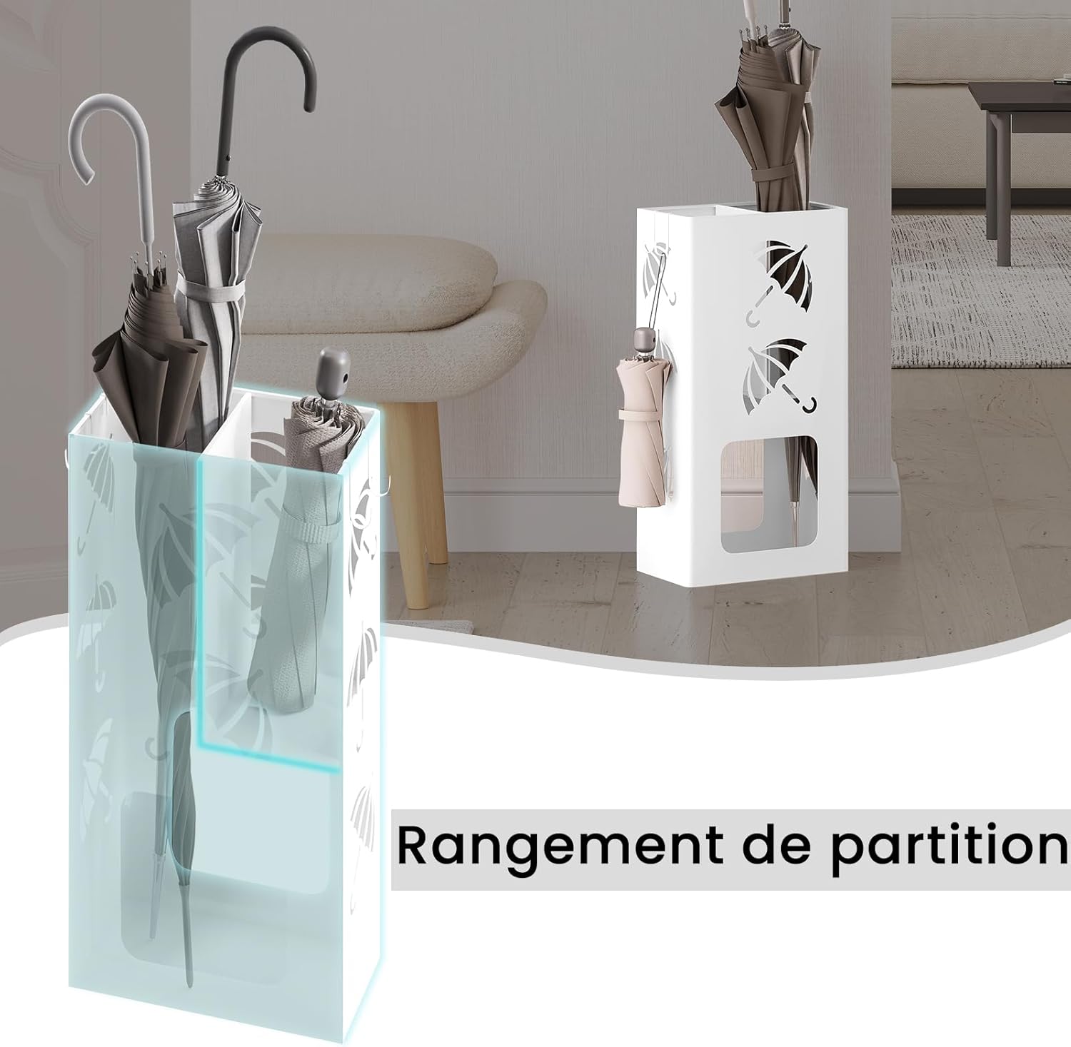 Porte-Parapluie avec 4 Crochets WOLTU, Porte-Parapluie avec 2 Zones Séparées, en Métal Antirouille, Blanc - 5