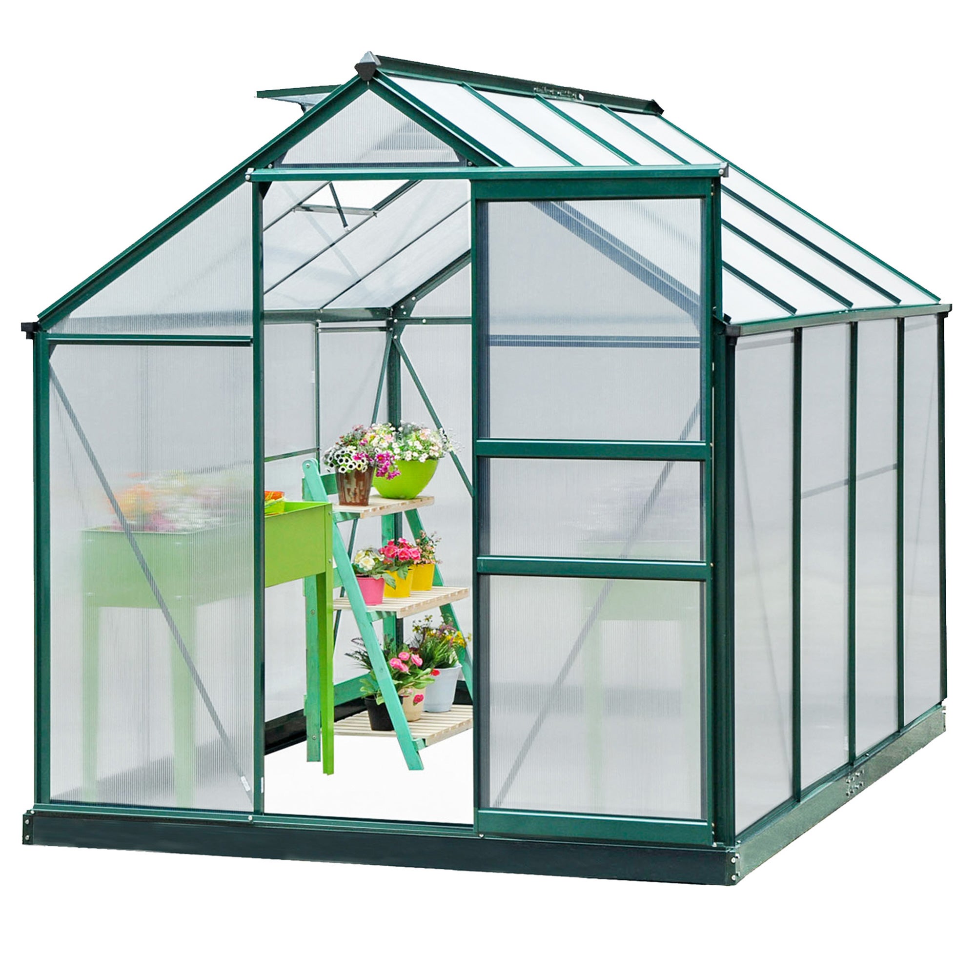 Serre de jardin en polycarbonate résistant aux UV avec fenêtre et porte coulissante, 190 x 252 x 201 cm - 2