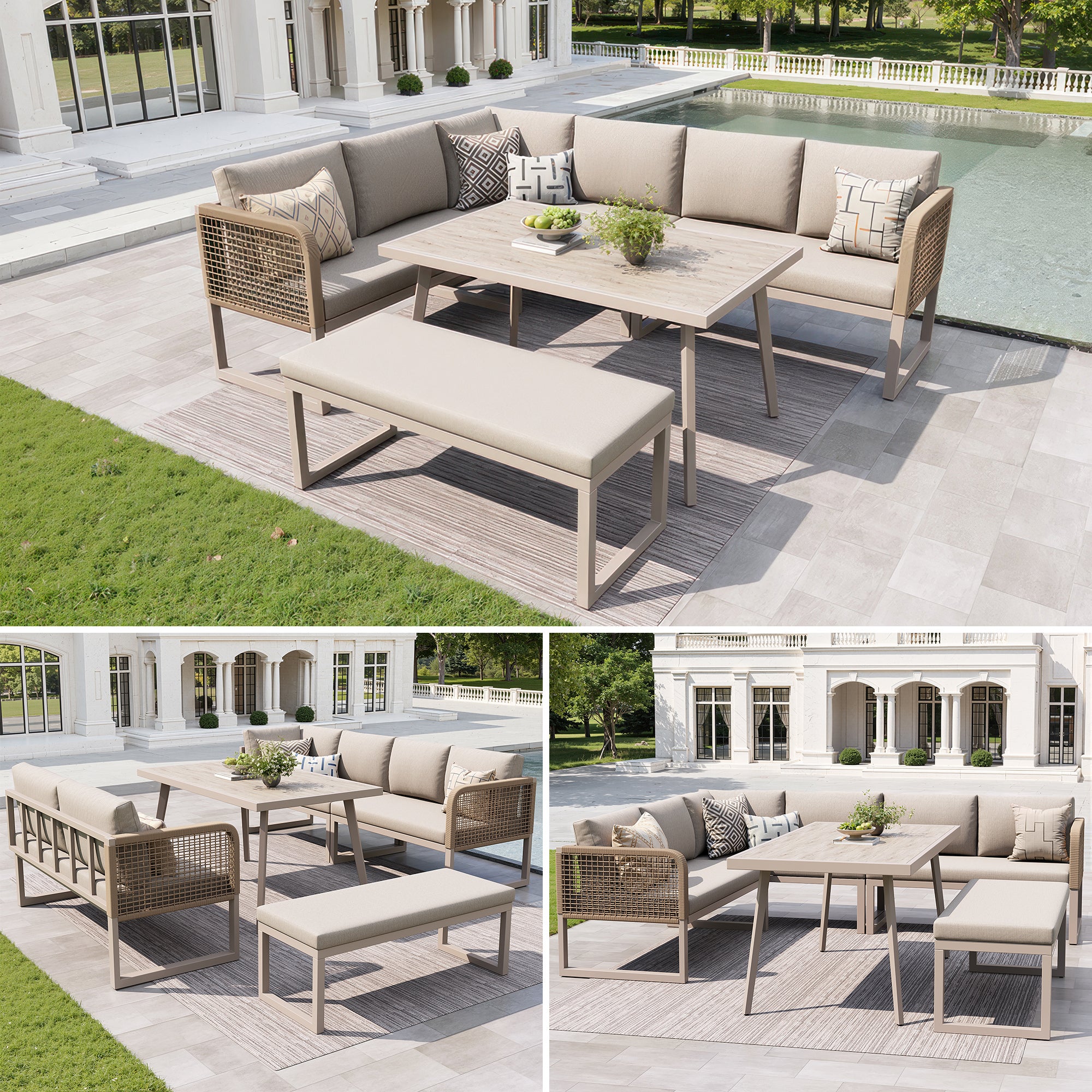 Salon de Jardin d'extérieur 6-8 places,Avec coussin d'assise et dossier,Rotin PE tissé à la main,Canapé de jardin résistants aux intempéries,Beige - 5