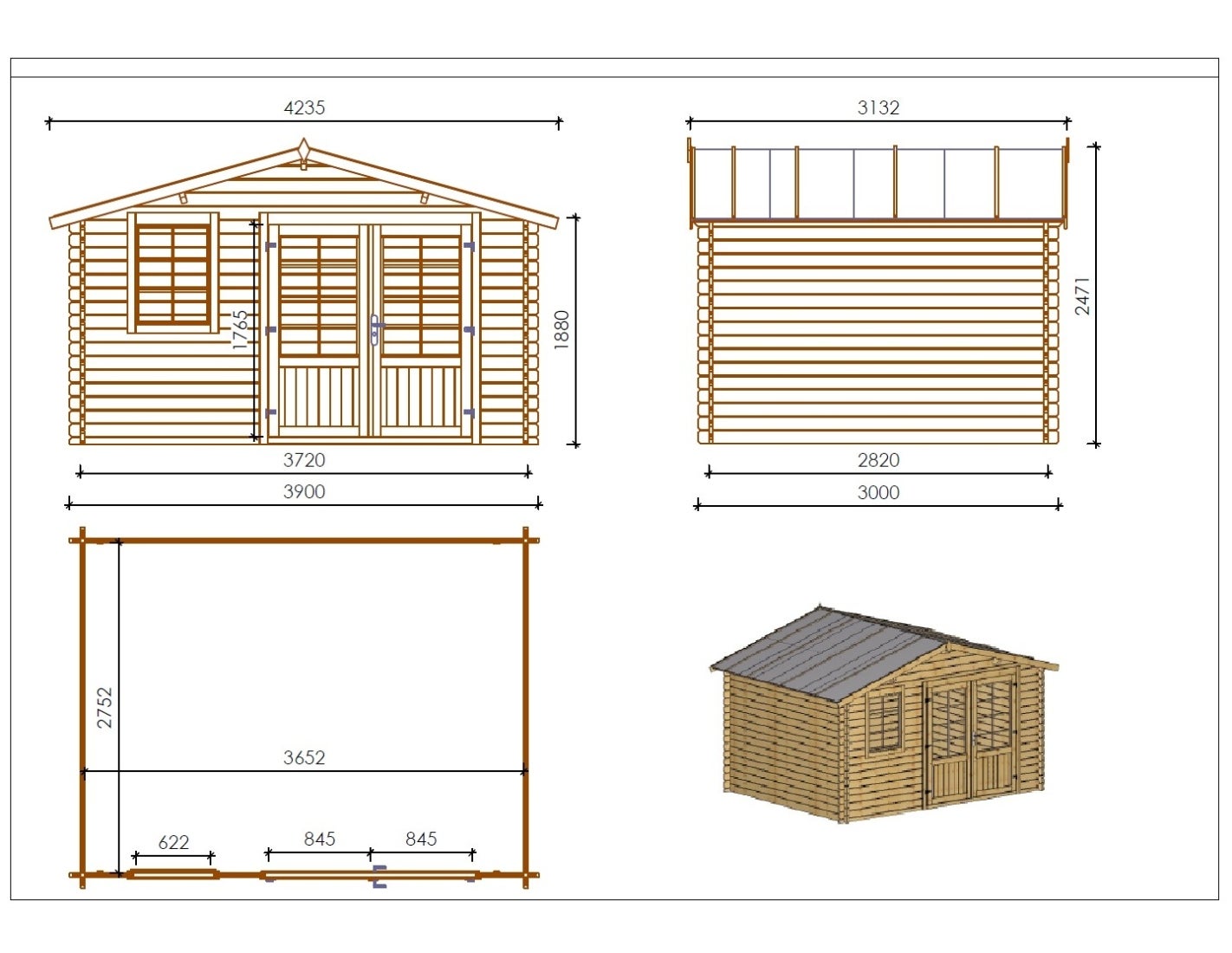 Abri de jardin en bois - 11.7m2 - 3.9x3m - Traité - Ep. 34mm - Couleur: marron - DOM562 - ALTANKA - 3