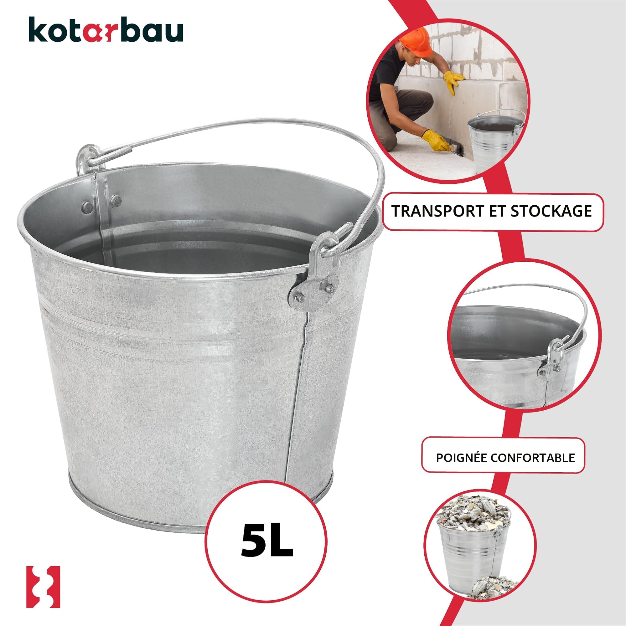 Seau à Cendre - Seau De Maçon - Acier Galvanisé - 5 L - Argent - pour le Jardinage - Résistant à la Rouille - Polyvalent KOTARBAU - 5