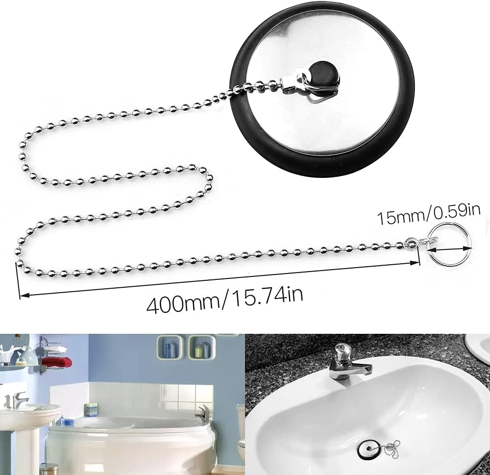 Tappo per Vasca da Bagno con Catena a Sfera in Acciaio Inossidabile da 45 mm, Nero Tappo per Lavello con Una Catena Lunga 40 cm, Tappo di Scarico in Gomma con Catena Lunga per Bagno e Cucina Lavabo