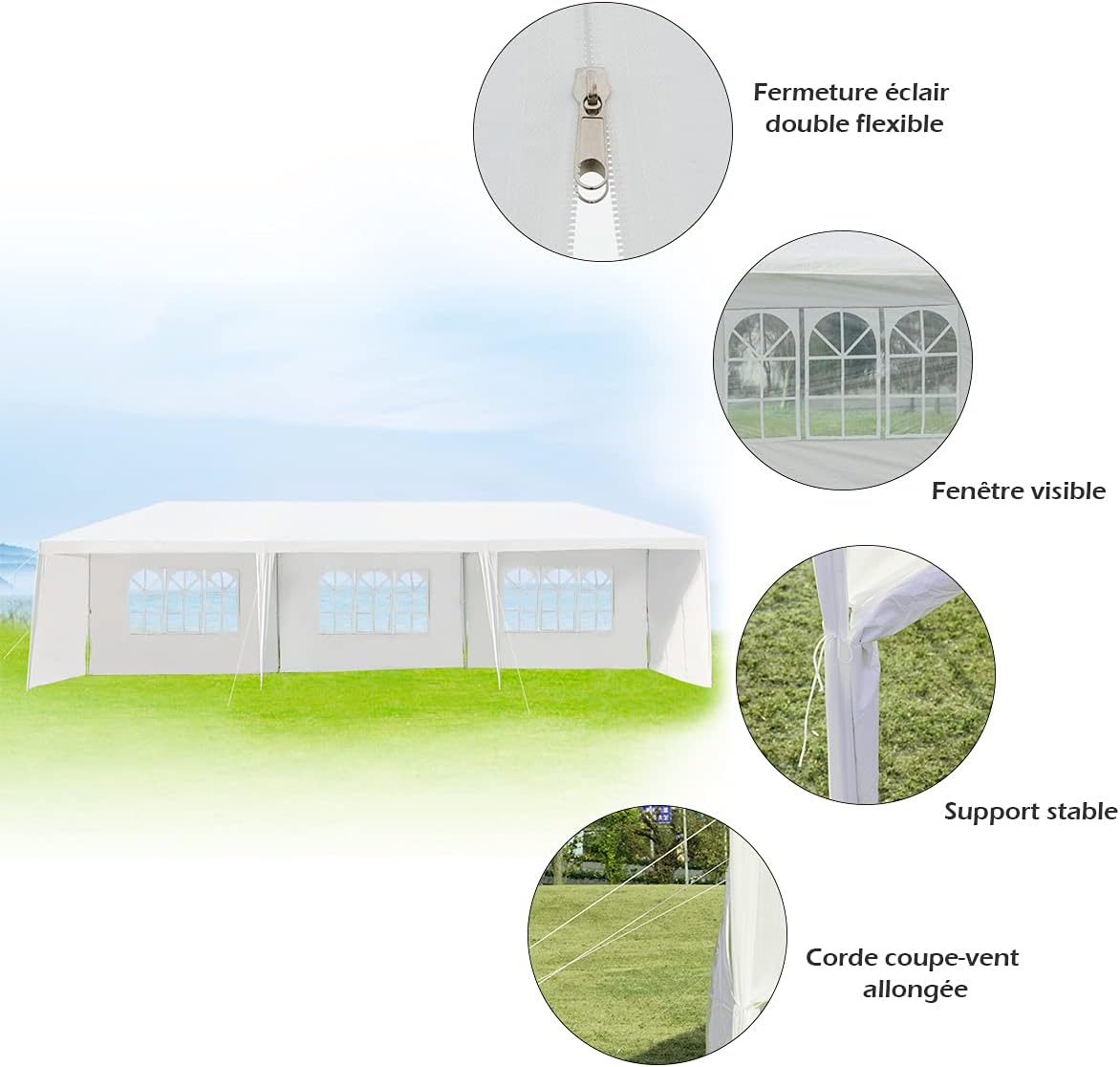 Tonnelle de Jardin/Tente de Réception 3x9m-27㎡ PE Barnum Imperméable avec Fenêtres 8 Bâches Amovibles, avec Piquets et Cordes - 8