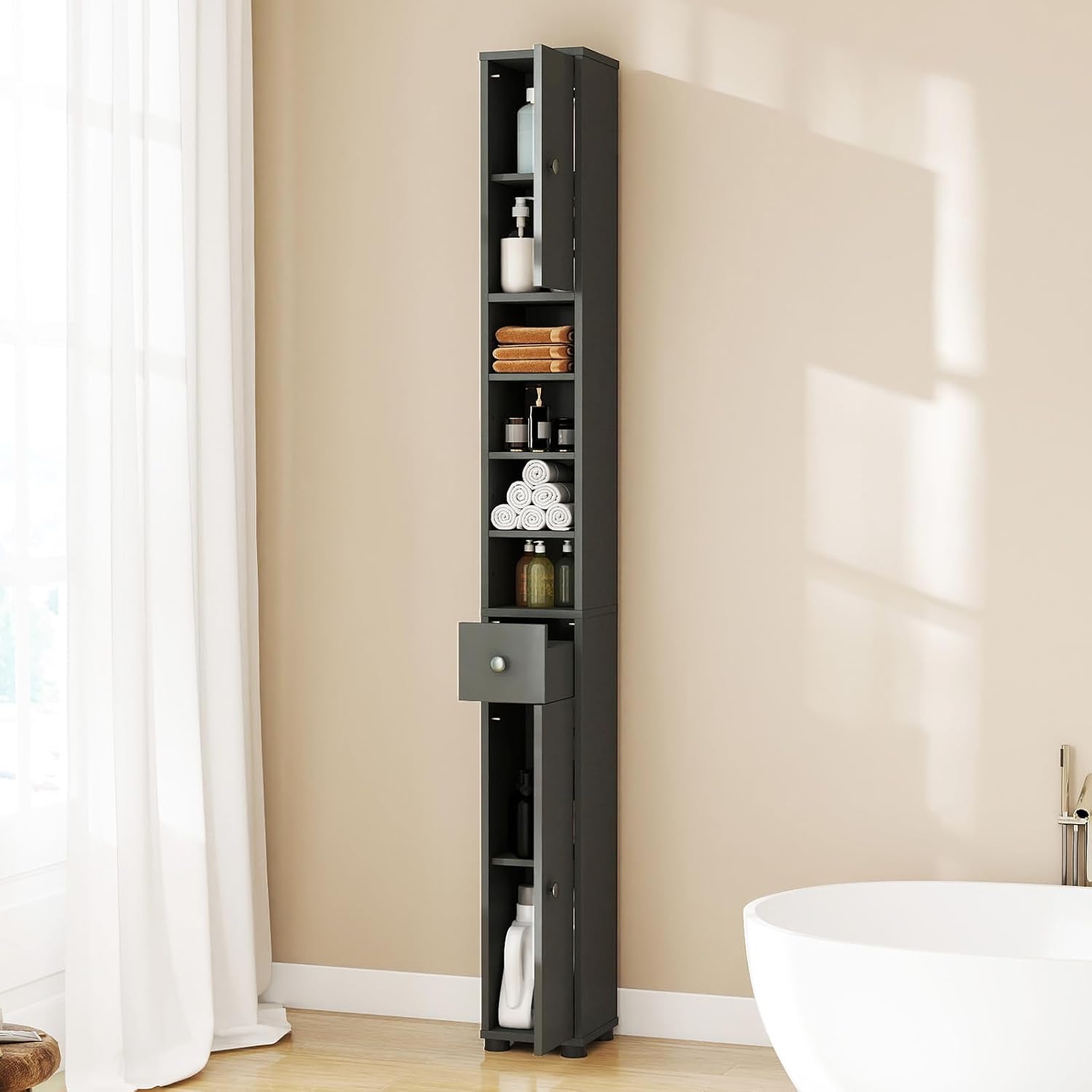 Armadio da bagno alto, mobile a colonna con 2 porte, 1 cassetto e 4 ripiani aperti, 20 x 20 x 180 cm, ripiani regolabili, camera da letto (grigio) - 2