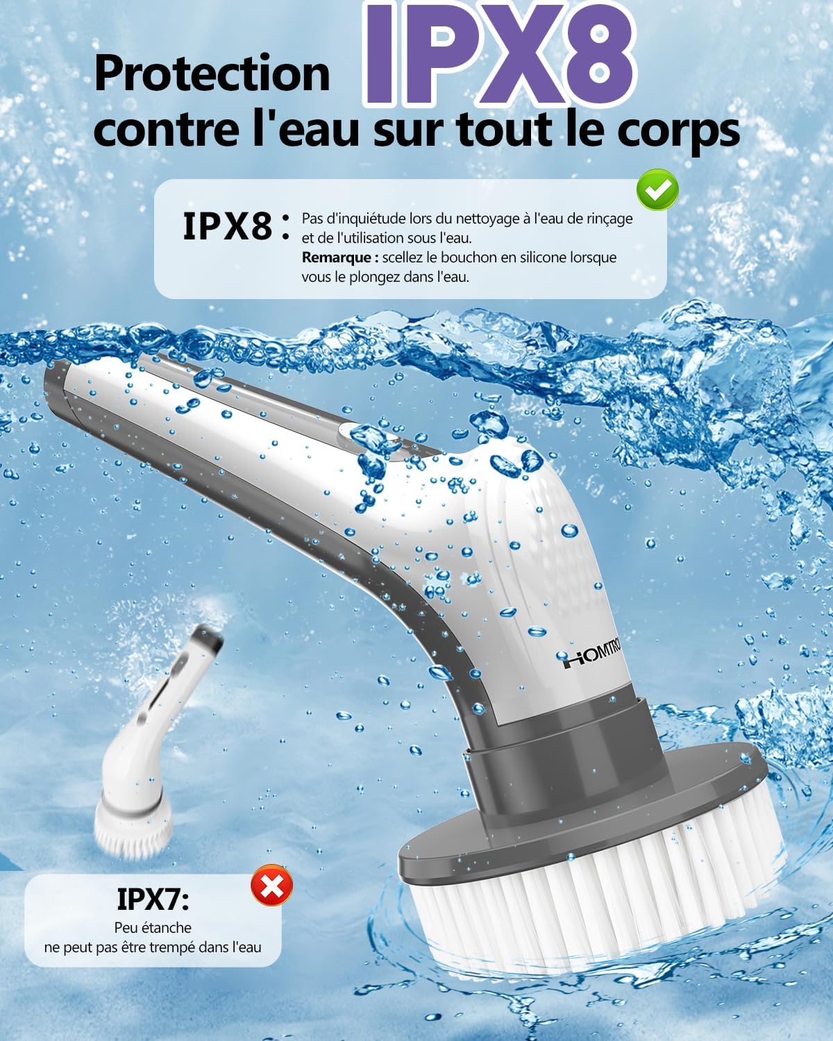 Brosse de nettoyage électrique, brosse de nettoyage rotative rechargeable, autolaveuse électrique avec baguette télescopique et 6 têtes de brosse - 4