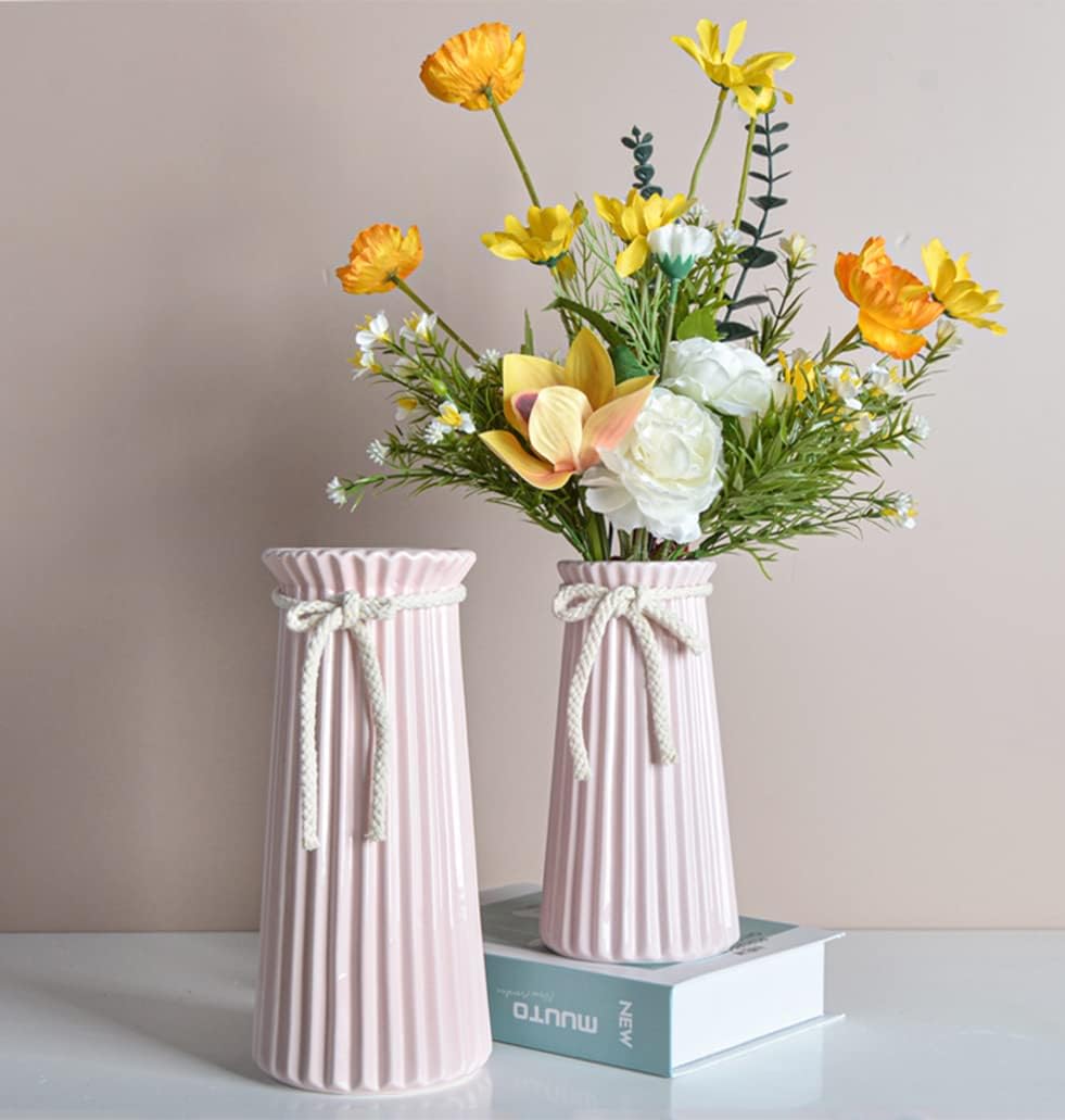 Vase conique en céramique rose, hauteur 19 cm, vase hydroponique simple de style européen, vase décoratif haut moderne pour centre de table - 5