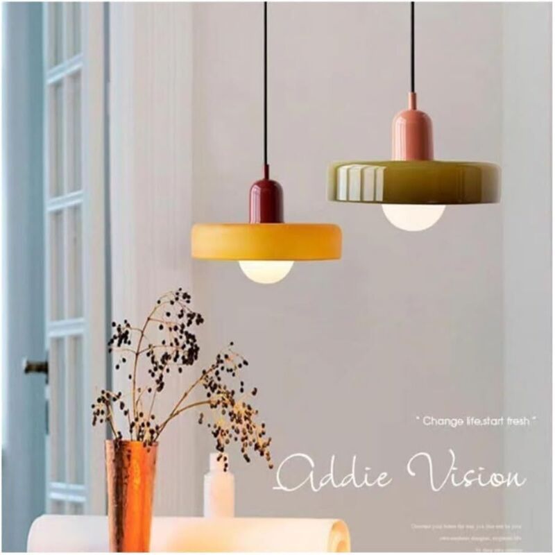 Plafonnier coloré, suspension style milieu de siècle avec abat-jour en verre, luminaire suspendu vintage, suspensions en fer et verre (35 cm) - 2